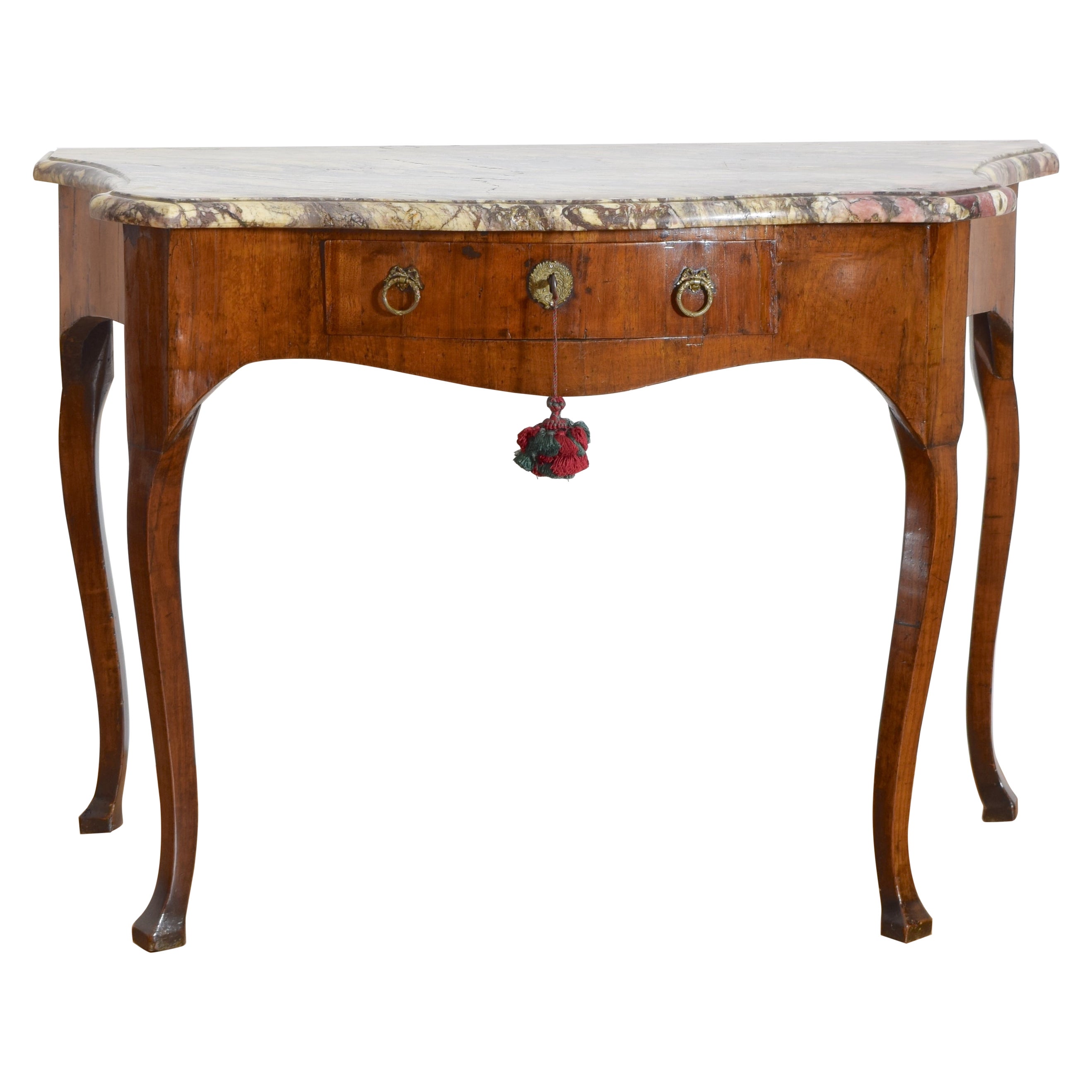 Northern Italian Rococo Period Walut 1-Drawer Marble Top Console Table, ca. 1750