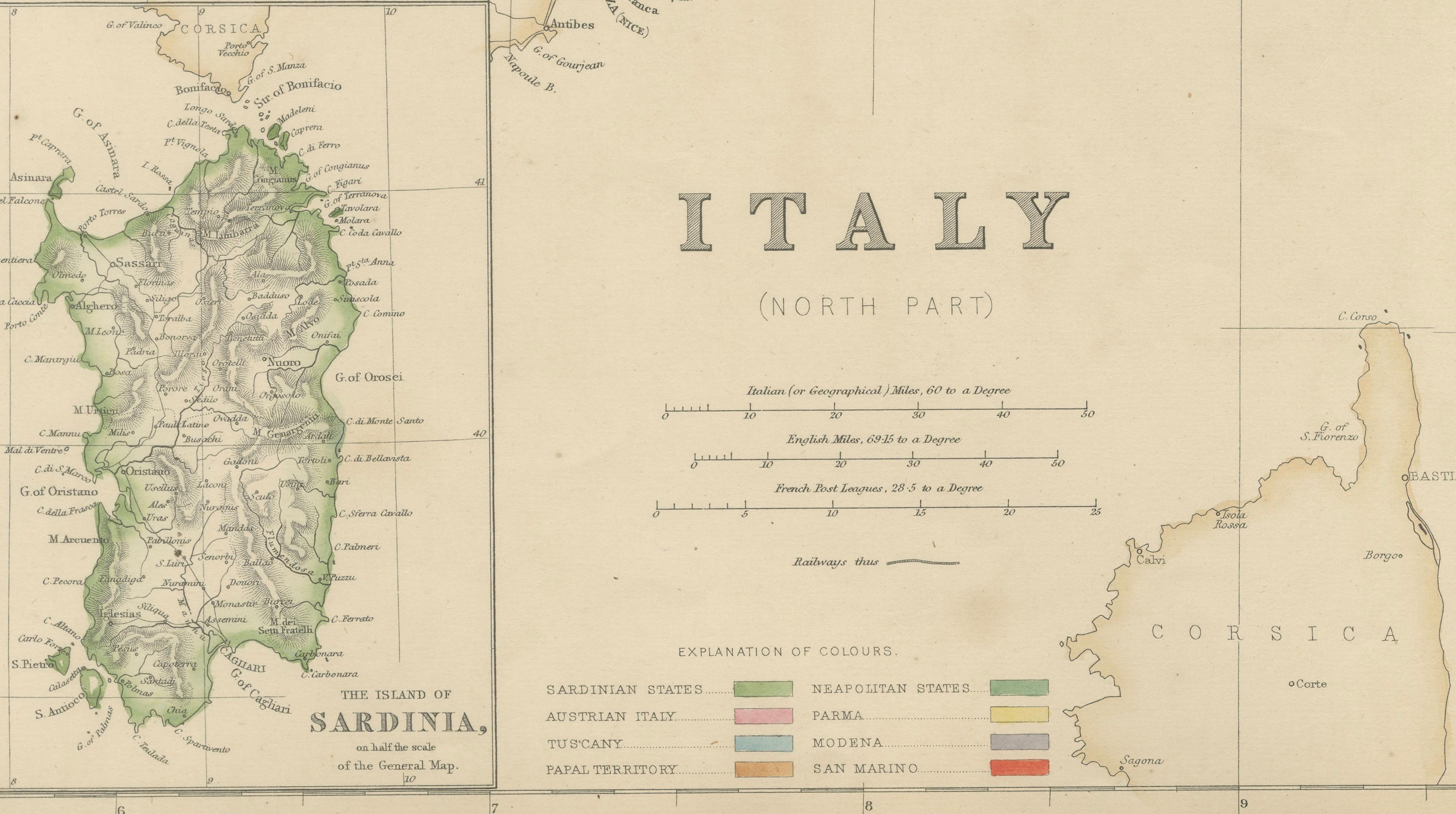 Northern Italy Map, Antique Hand-Colored Political Map, Italy Risorgimento 1860
