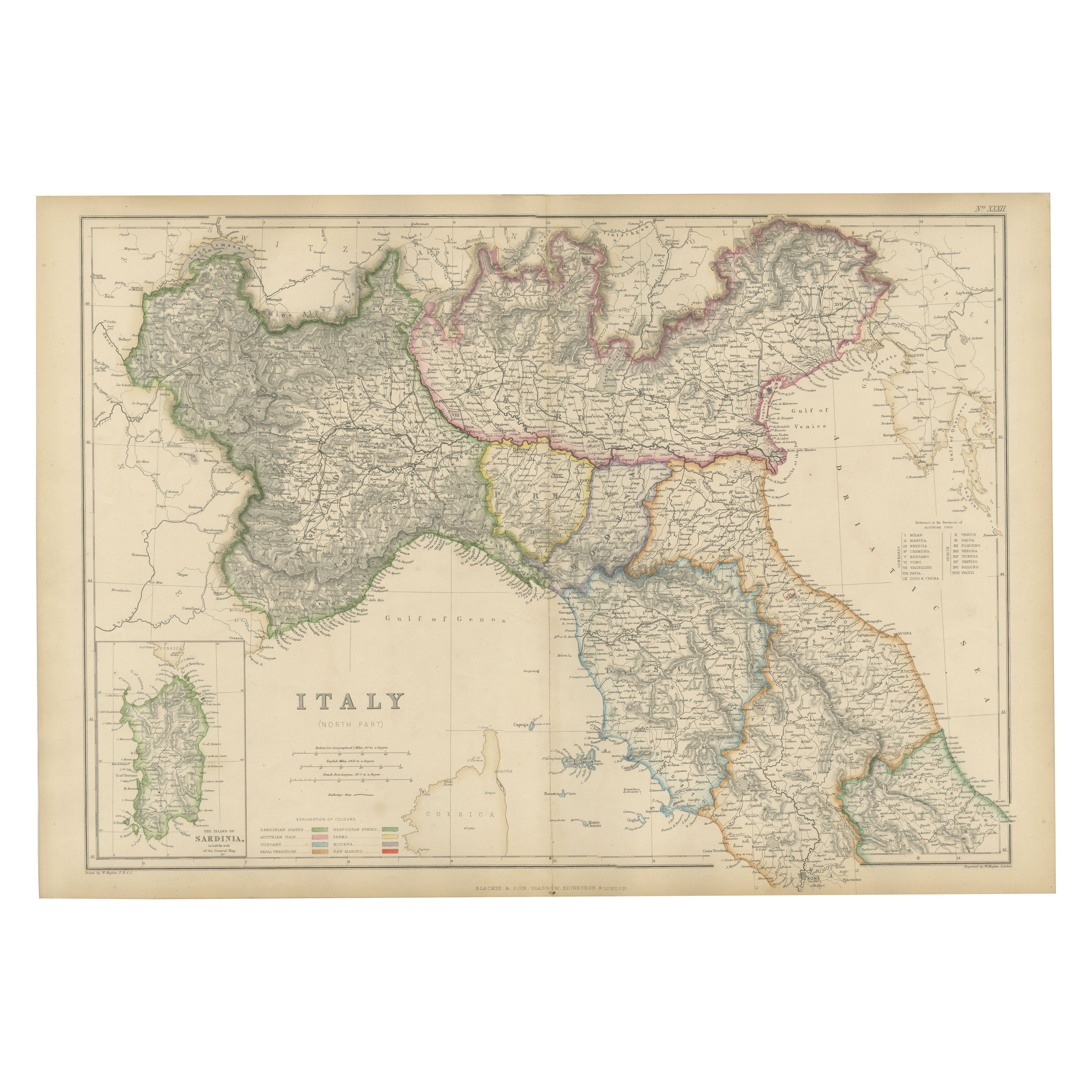 Mappa dell'Italia settentrionale, Carta politica antica colorata a mano, Italia Risorgimento 1860