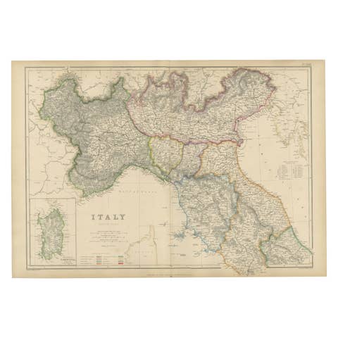 Northern Italy Map, Antique Hand-Colored Political Map, Italy Risorgimento 1860