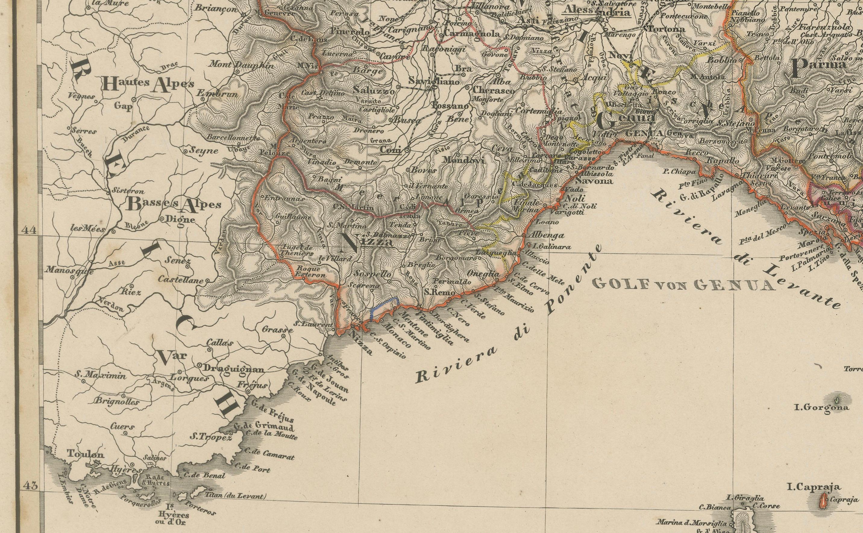 Carte de l'Italie du Nord - Lombardie, Vénétie, Toscane et Sardaigne 1857

Cette estampe ancienne détaillée représente le 