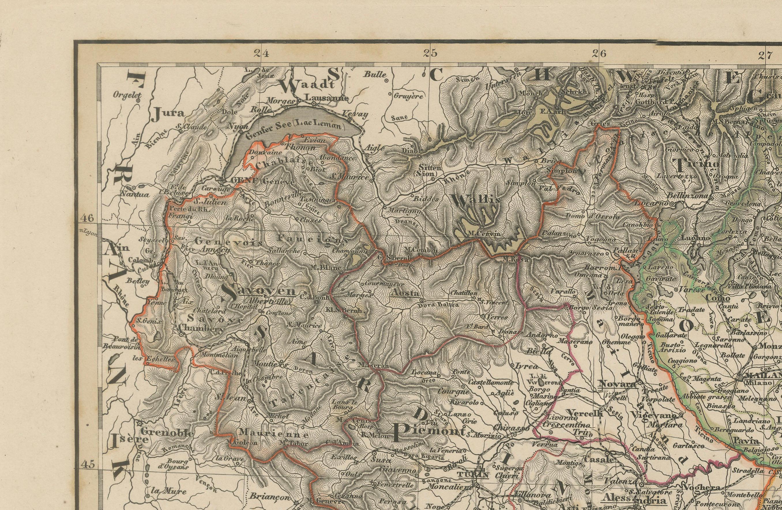 Allemand Carte de l'Italie du Nord - Lombardie, Vénétie, Toscane et Sardaigne 1857 en vente
