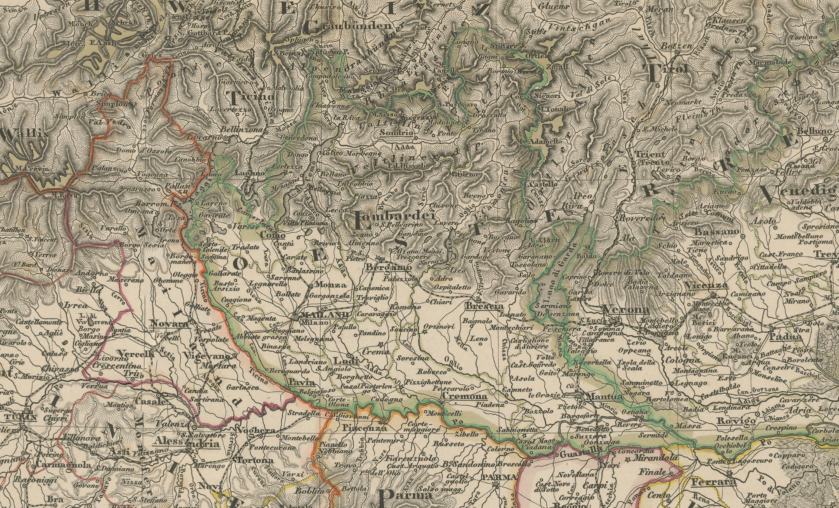 Gravé Carte de l'Italie du Nord - Lombardie, Vénétie, Toscane et Sardaigne 1857 en vente