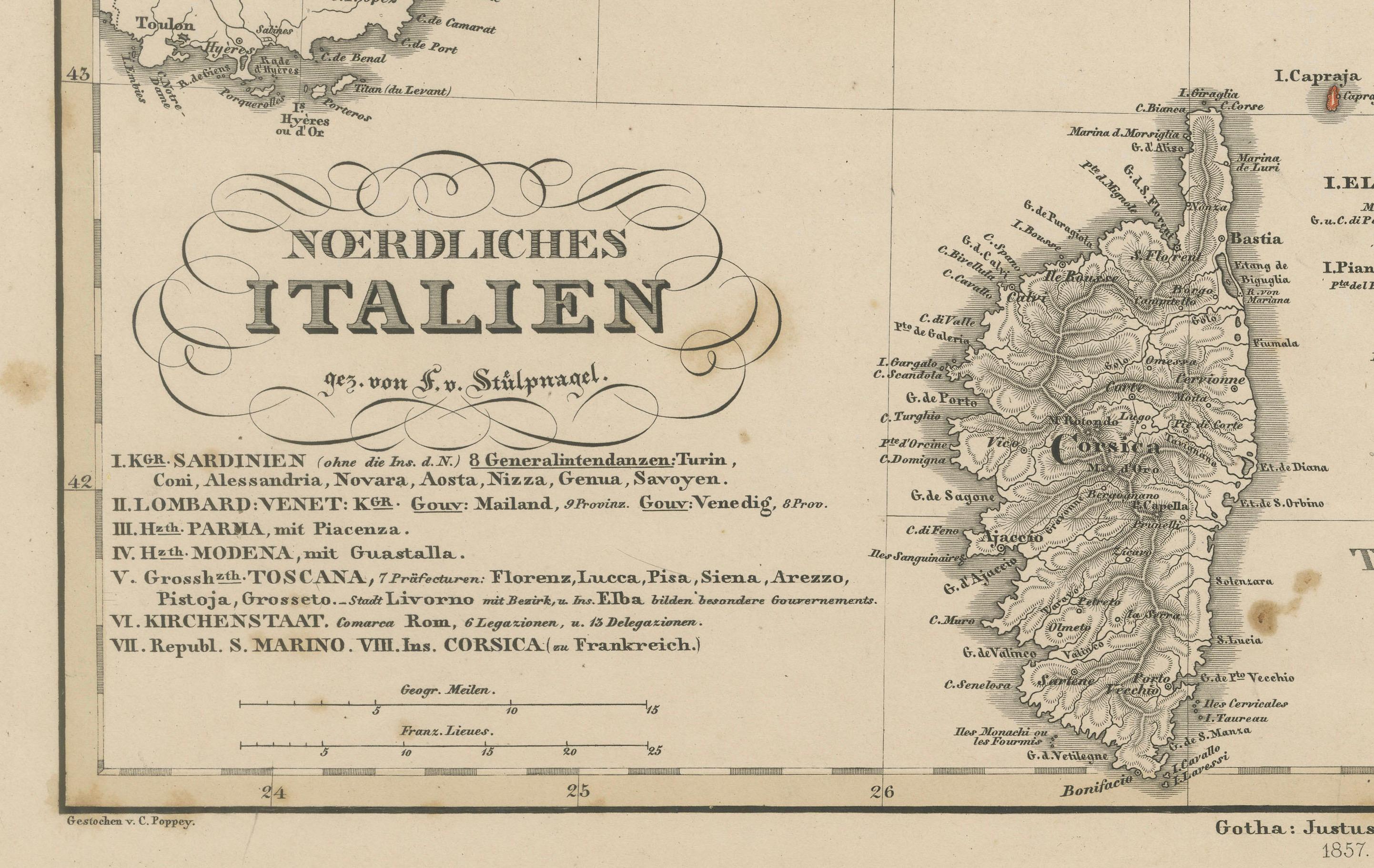 Papier Carte de l'Italie du Nord - Lombardie, Vénétie, Toscane et Sardaigne 1857 en vente