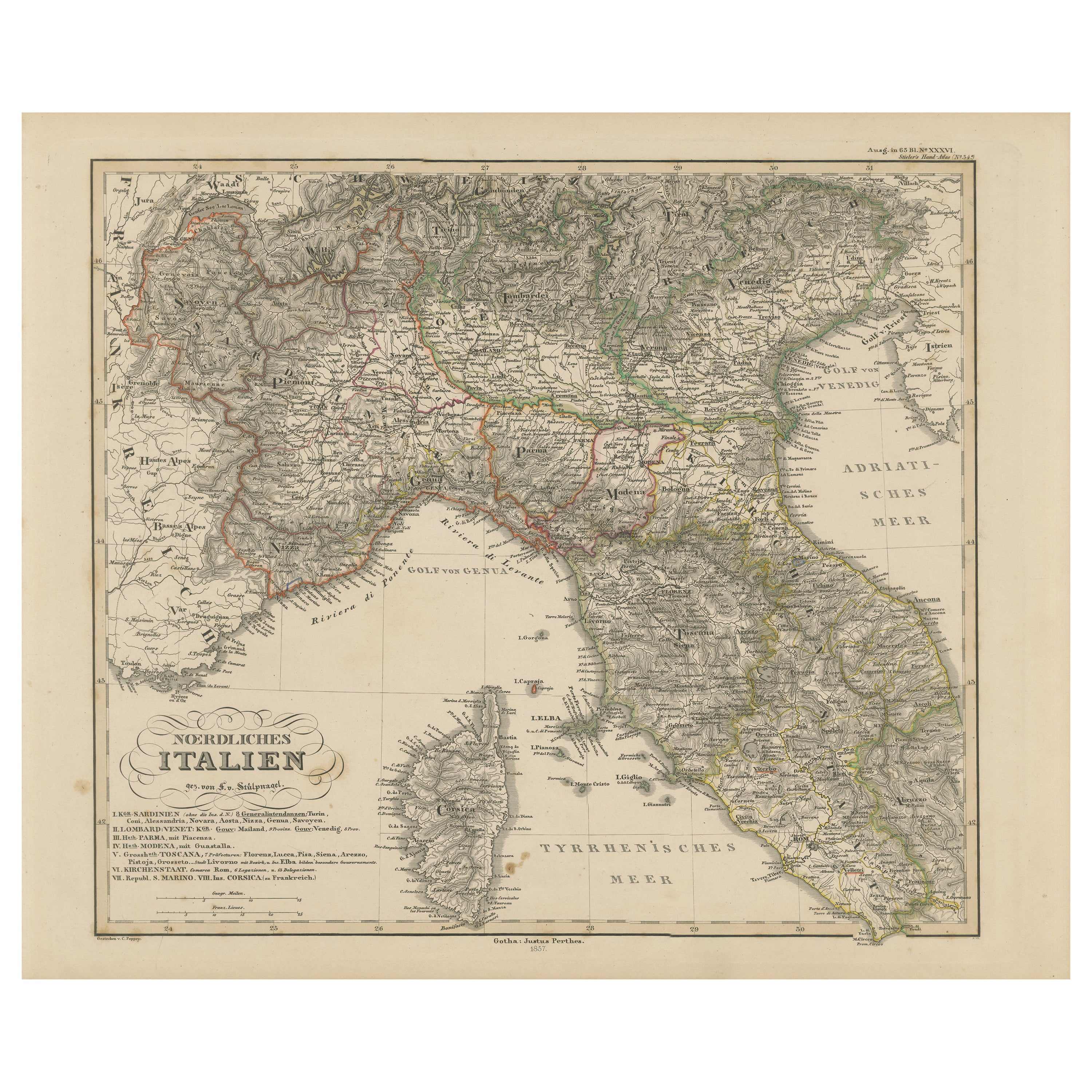 Carte de l'Italie du Nord - Lombardie, Vénétie, Toscane et Sardaigne 1857