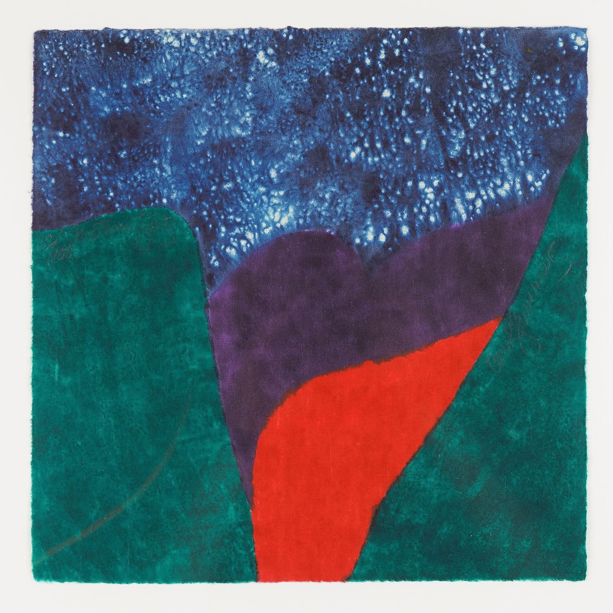 Polychrome abstract woodblock print in blue, green, purple, and red.

Signed, numbered, and dated in graphite in the work: 62/100

American, 2002.