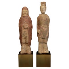 Northern Qi Dynasty, A Pair of Antique Chinese Painted Pottery Warriors