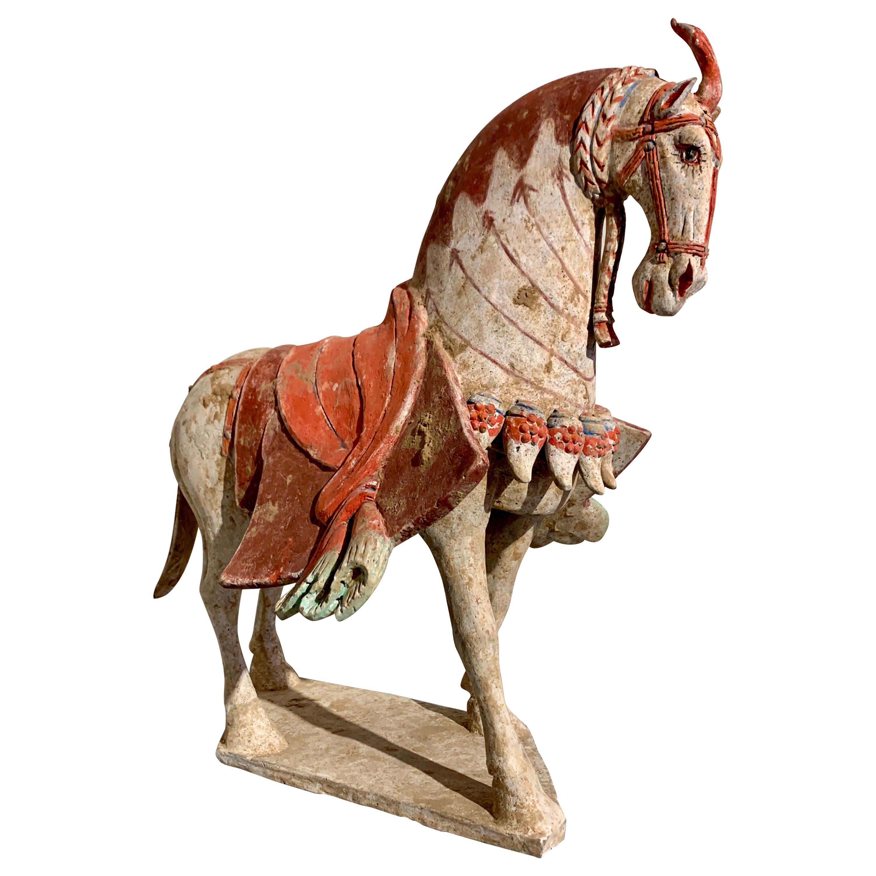 Northern Qi Dynasty Painted Pottery Striding Horse, 6th Century, China For Sale