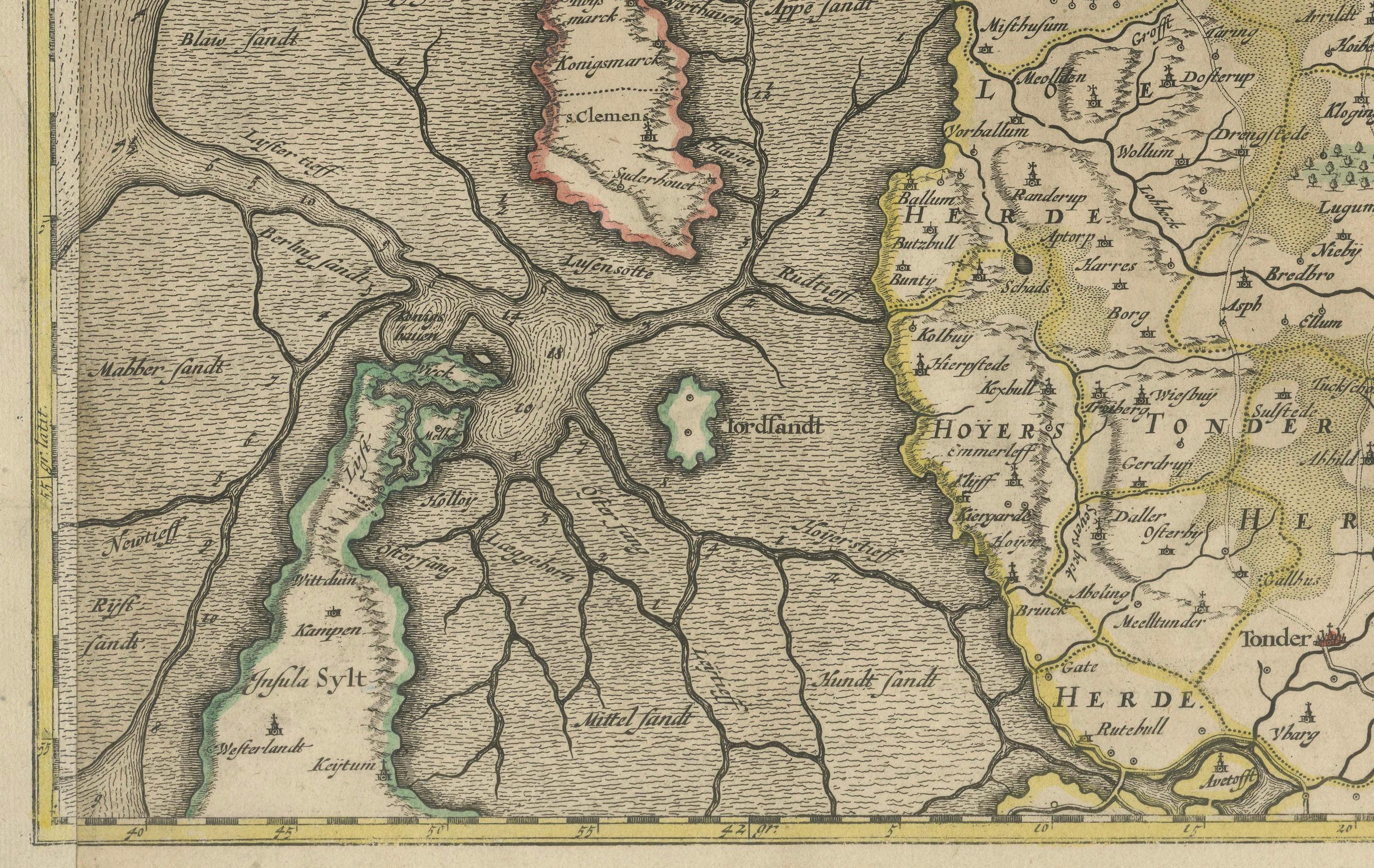 La mappa mostra il Ducato di Schleswig, che si estende nell'area compresa tra la costa del Mare del Nord, Kolding e Flensburg. Le mappe furono originariamente pubblicate da Johannes Mejer nell'atlante regionale dello Schleswig-Holstein, compilato da