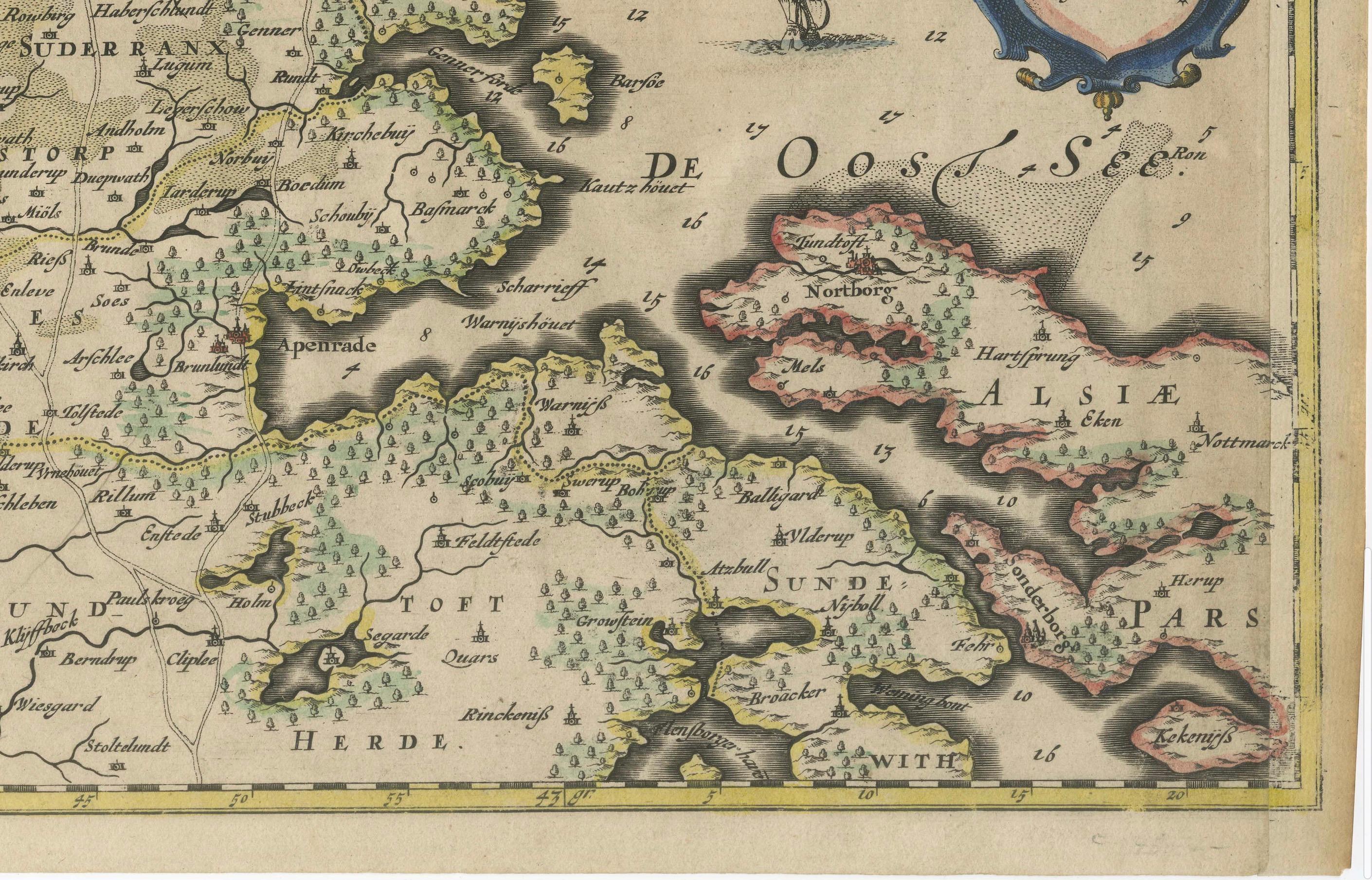 Inciso Mappa dello Schleswig settentrionale e di Haderslev di Johannes Mejer e Johannes Blaeu, 1662 in vendita