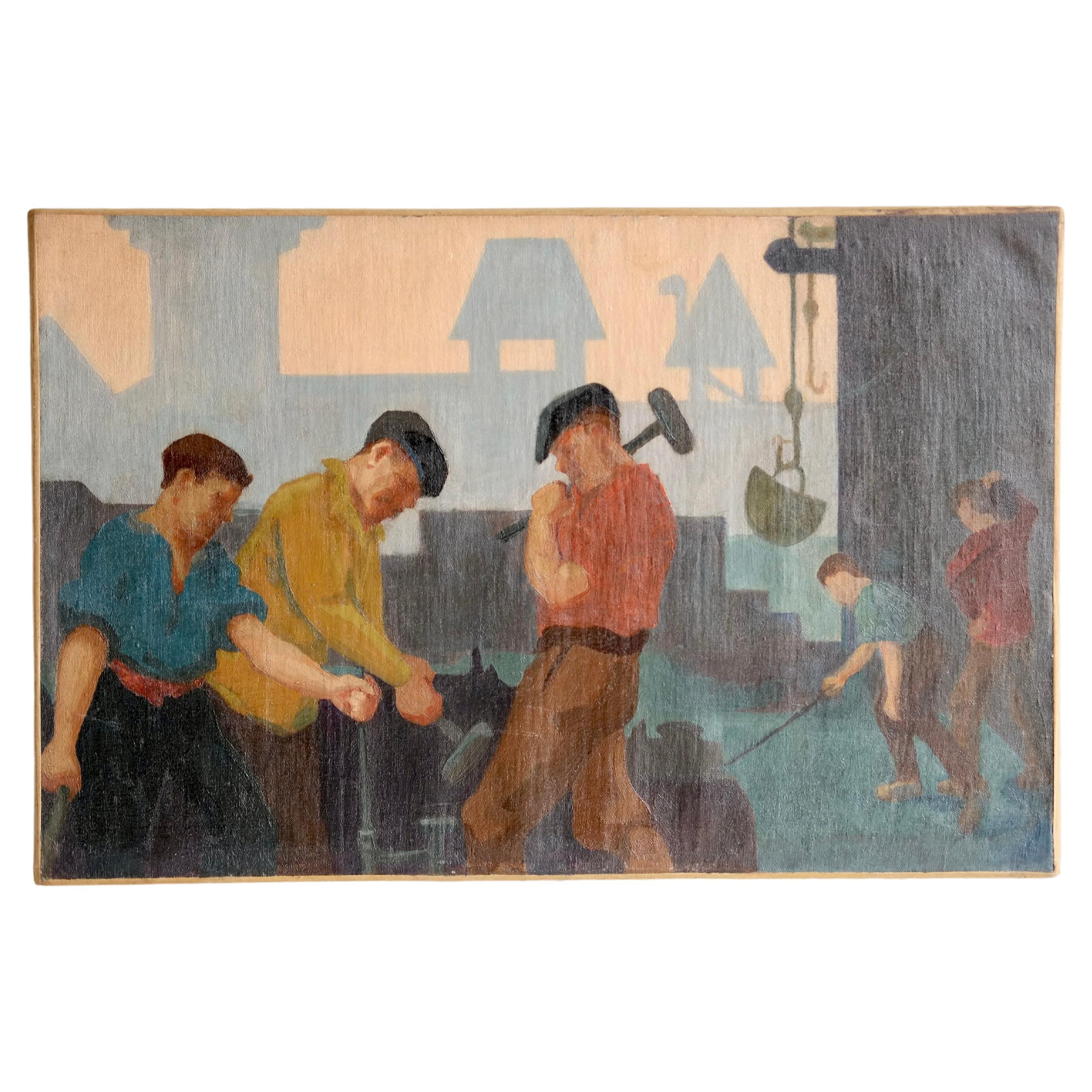 Northern School Oil on Canvas Of An Industrial Setting For Sale