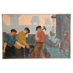 Vintage Northern School Oil on Canvas Of An Industrial Setting