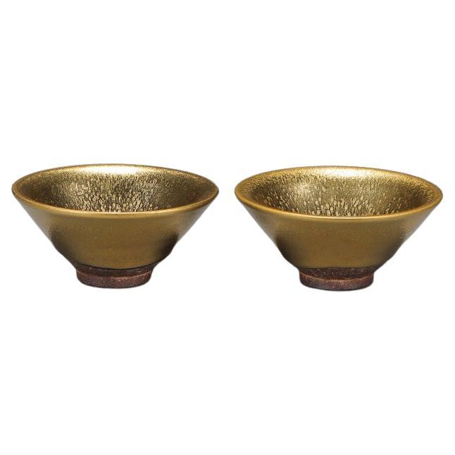Northern Song Dynasty Jian Kiln Gold Glaze Oil Dripping Bowls Pair For Sale