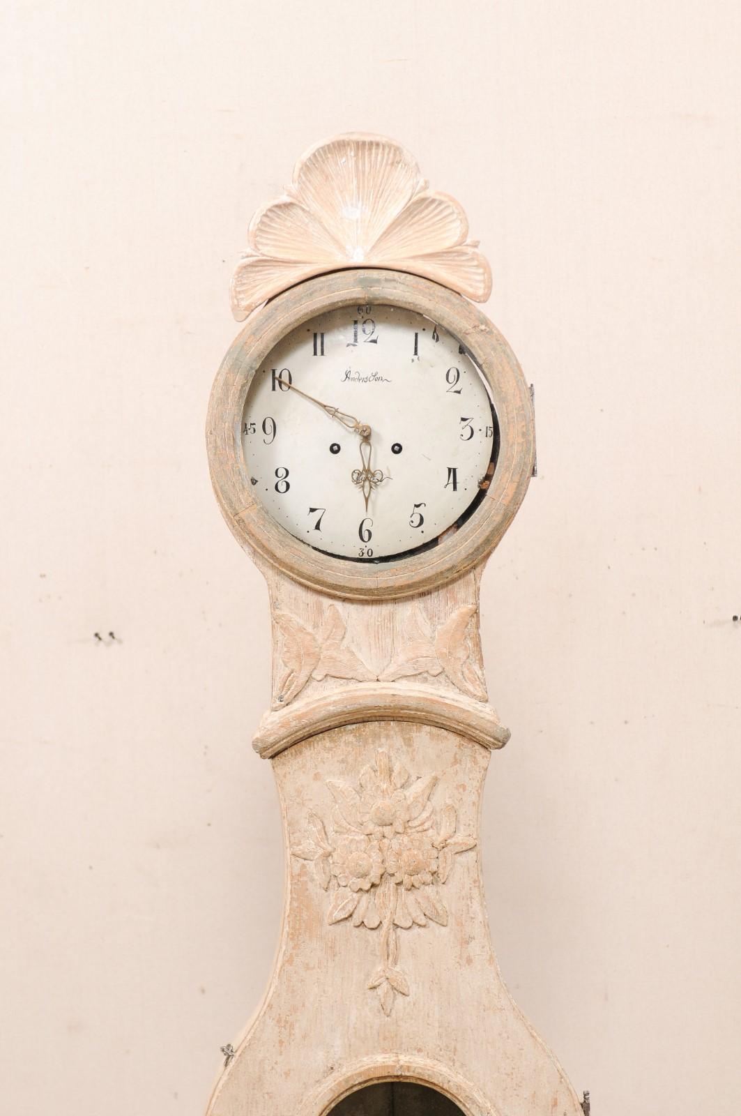 Carved Northern Swedish 19th C. Floor Clock w/ Delicate Floral Carving & Fanned Bonnet