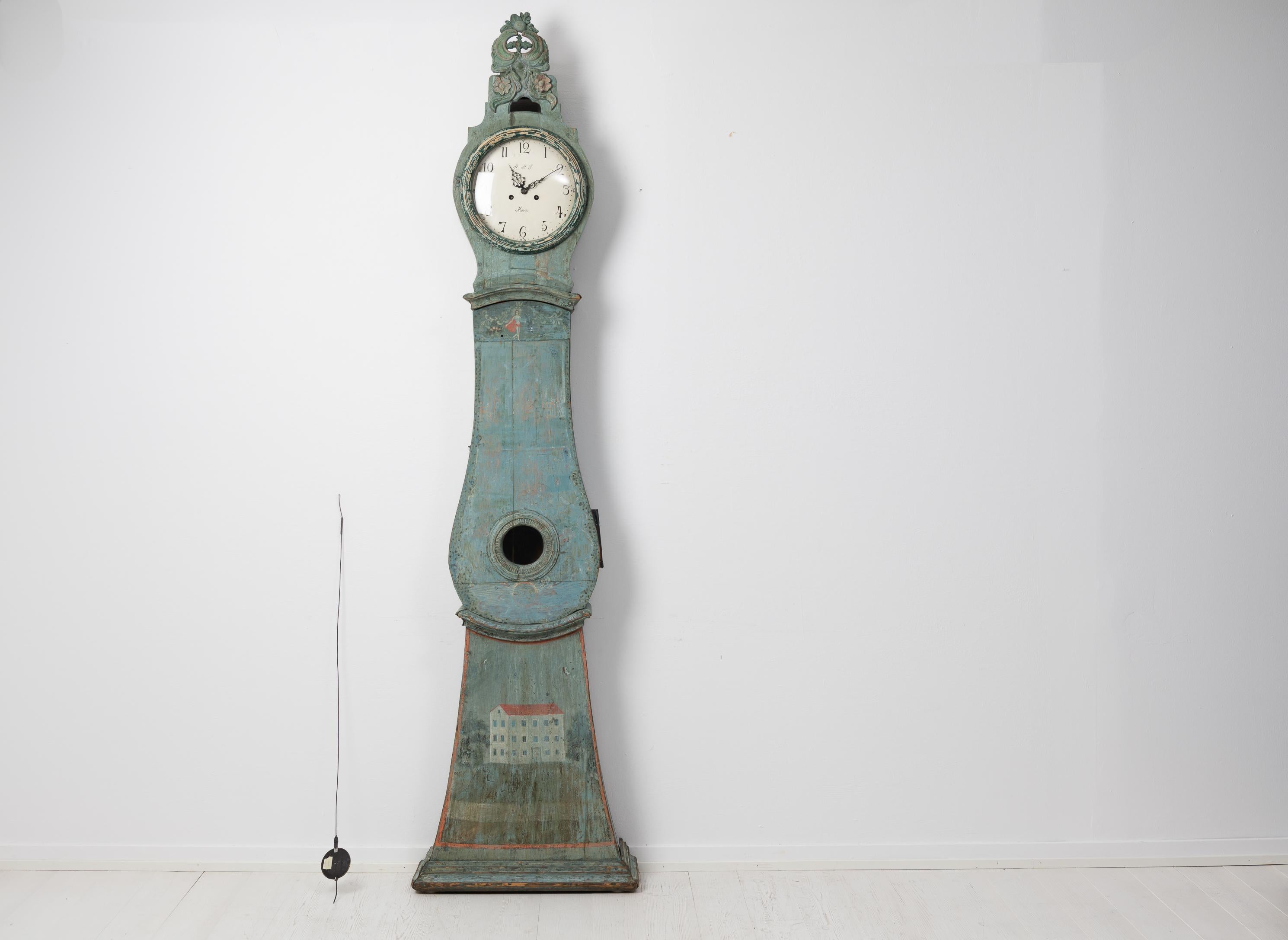 Folk Art Antique Genuine Northern Swedish Unusual Painted Blue Green Long Case Clock For Sale