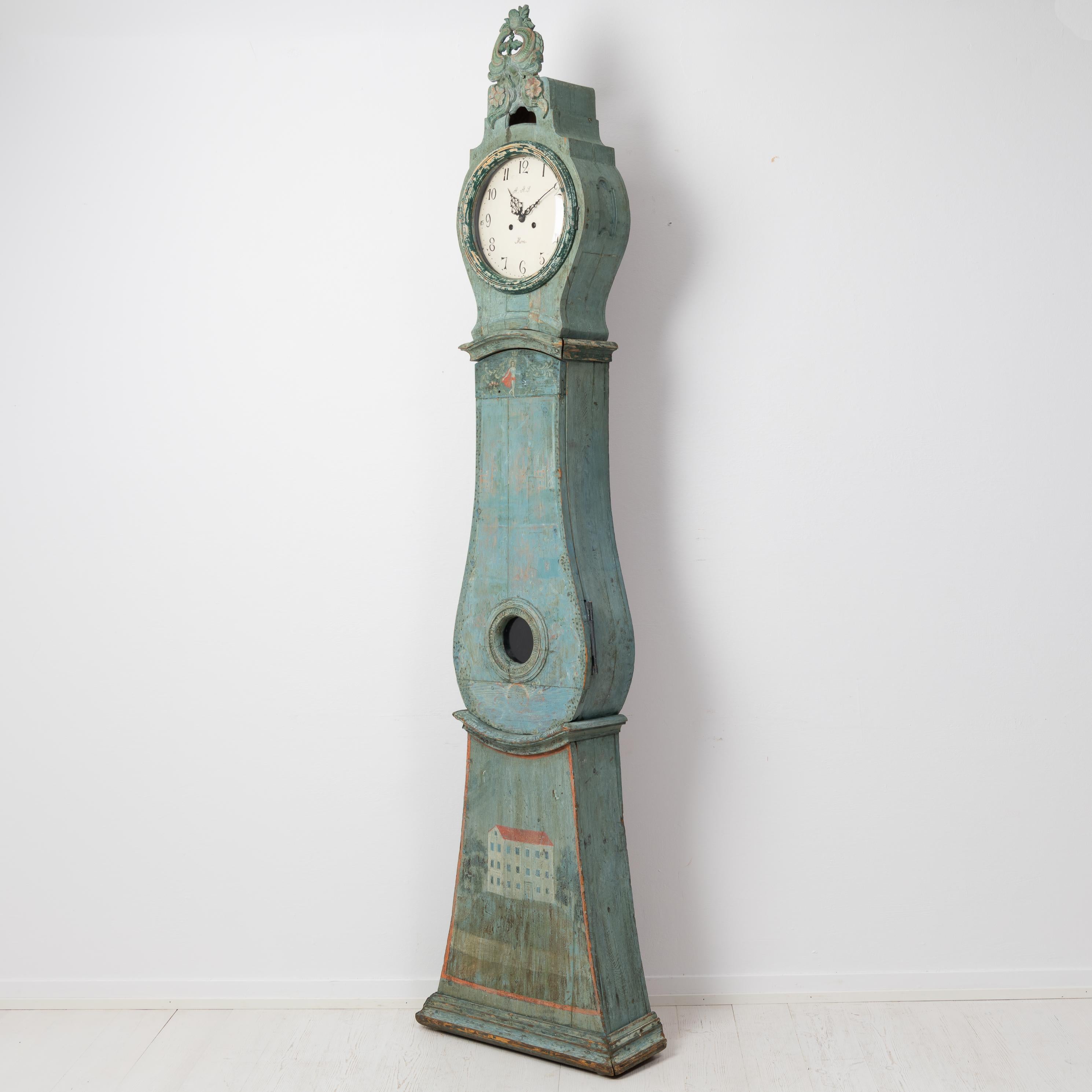 Hand-Crafted Antique Genuine Northern Swedish Unusual Painted Blue Green Long Case Clock For Sale