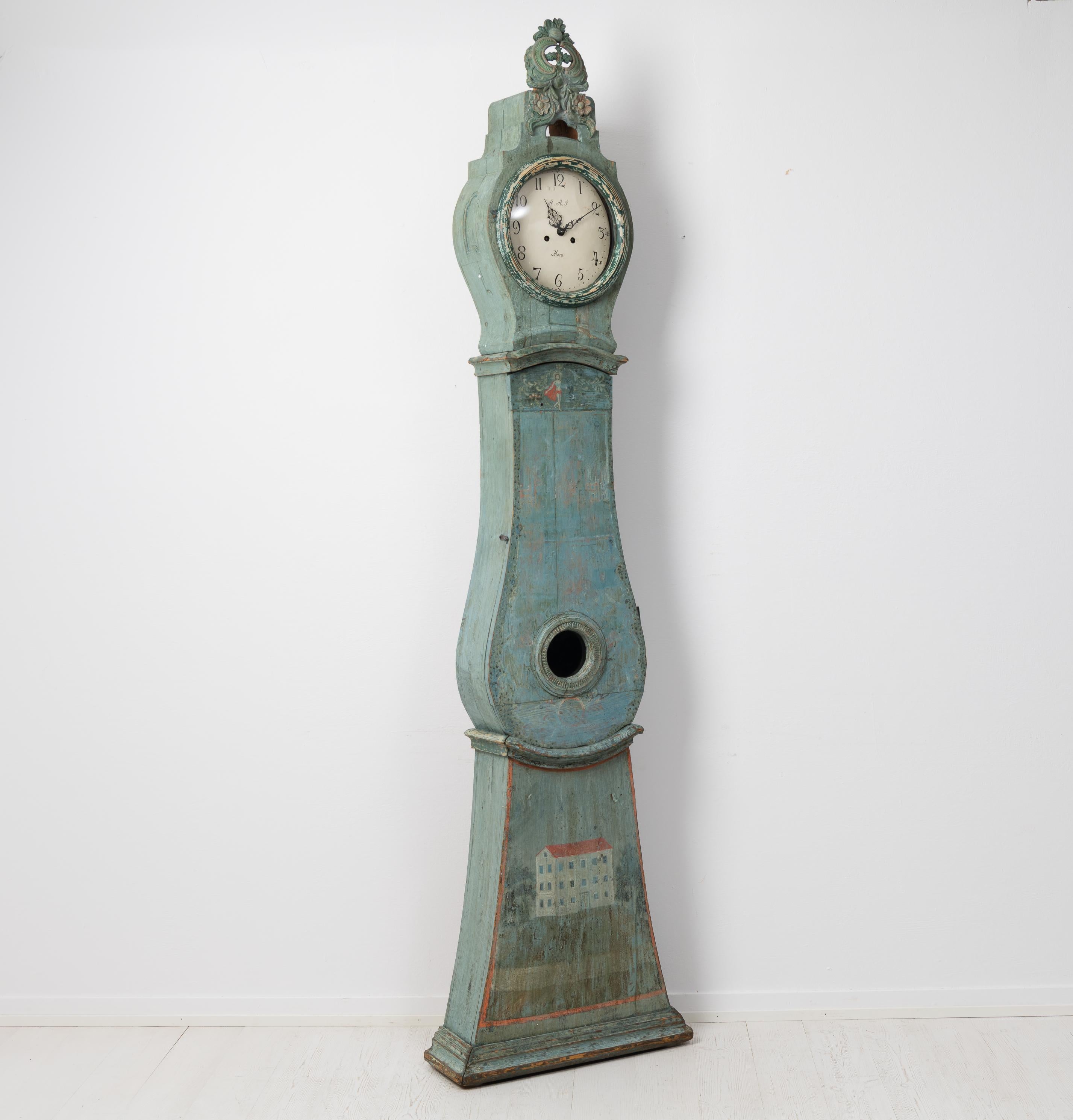 Antique Genuine Northern Swedish Unusual Painted Blue Green Long Case Clock In Good Condition For Sale In Kramfors, SE