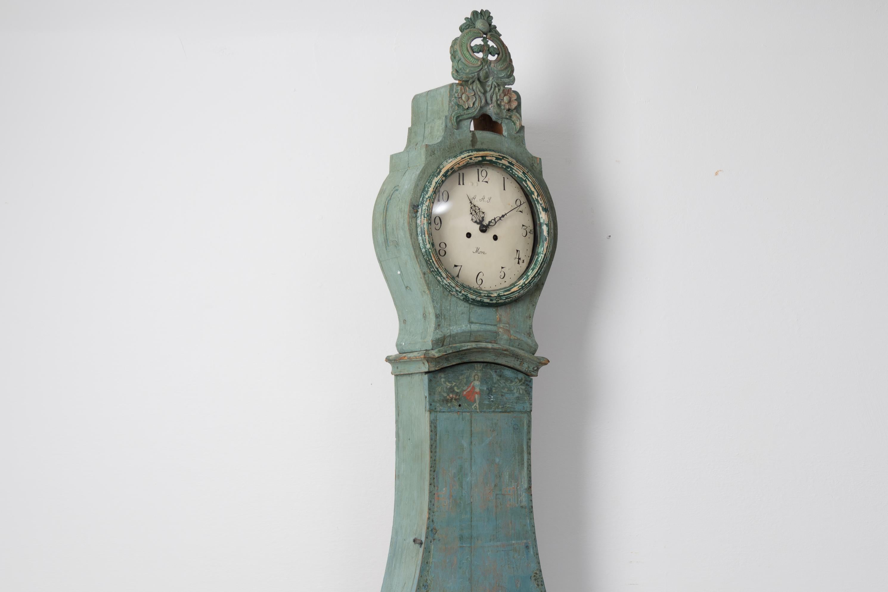 18th Century Antique Genuine Northern Swedish Unusual Painted Blue Green Long Case Clock For Sale