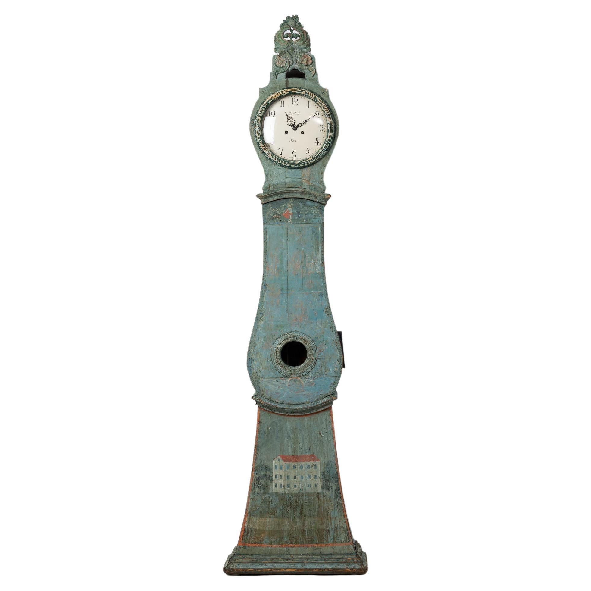 Ancienne horloge suédoise du Nord suédoise originale peinte en bleu et vert