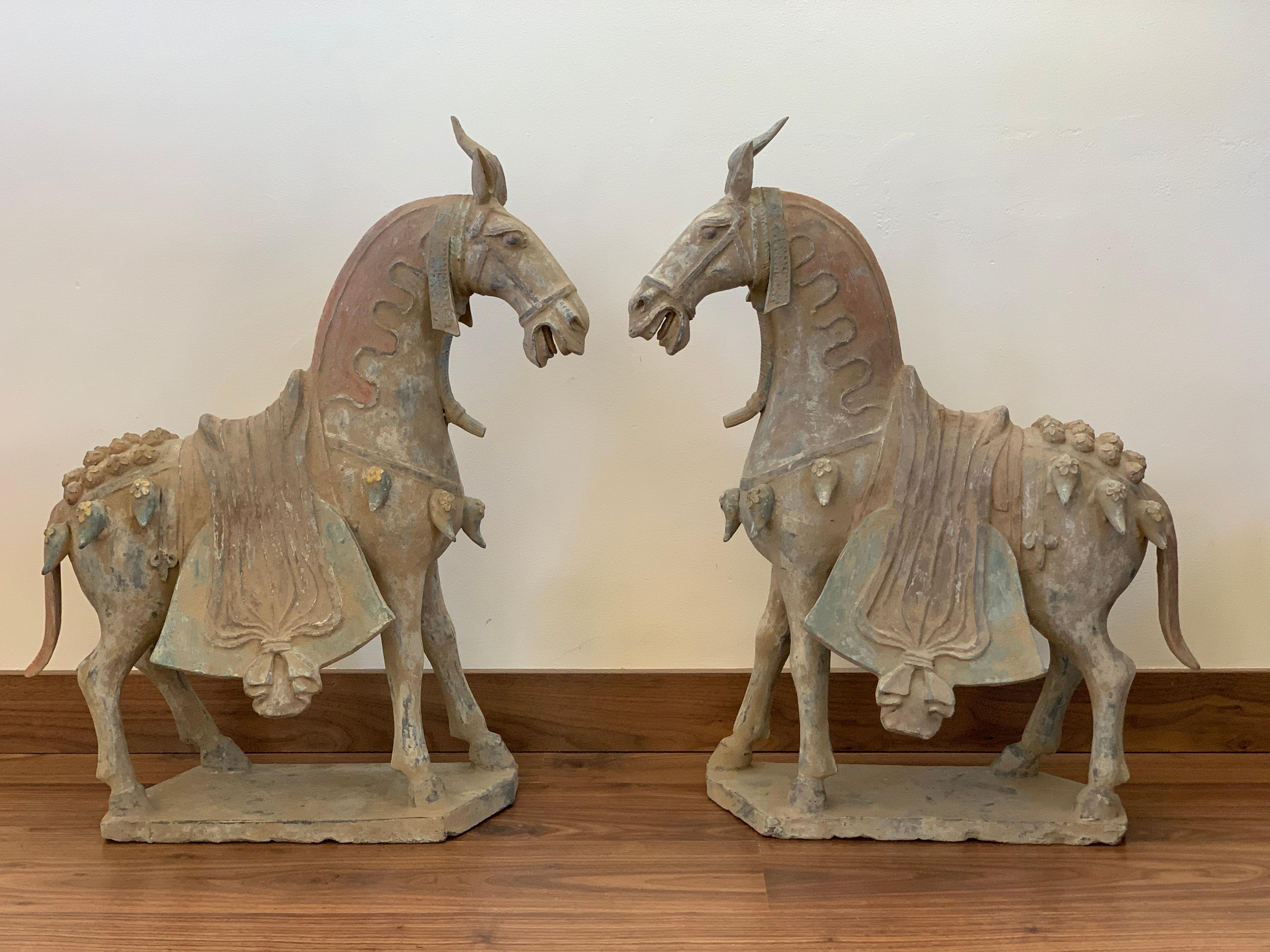 A massive pottery pair of horses standing on all fours and striding with its right hoof forward. Extended snout ends in parted lips showing teeth beneath in a braying attitude. Low relief bridle on face and well defined eyes. Raised mane down back