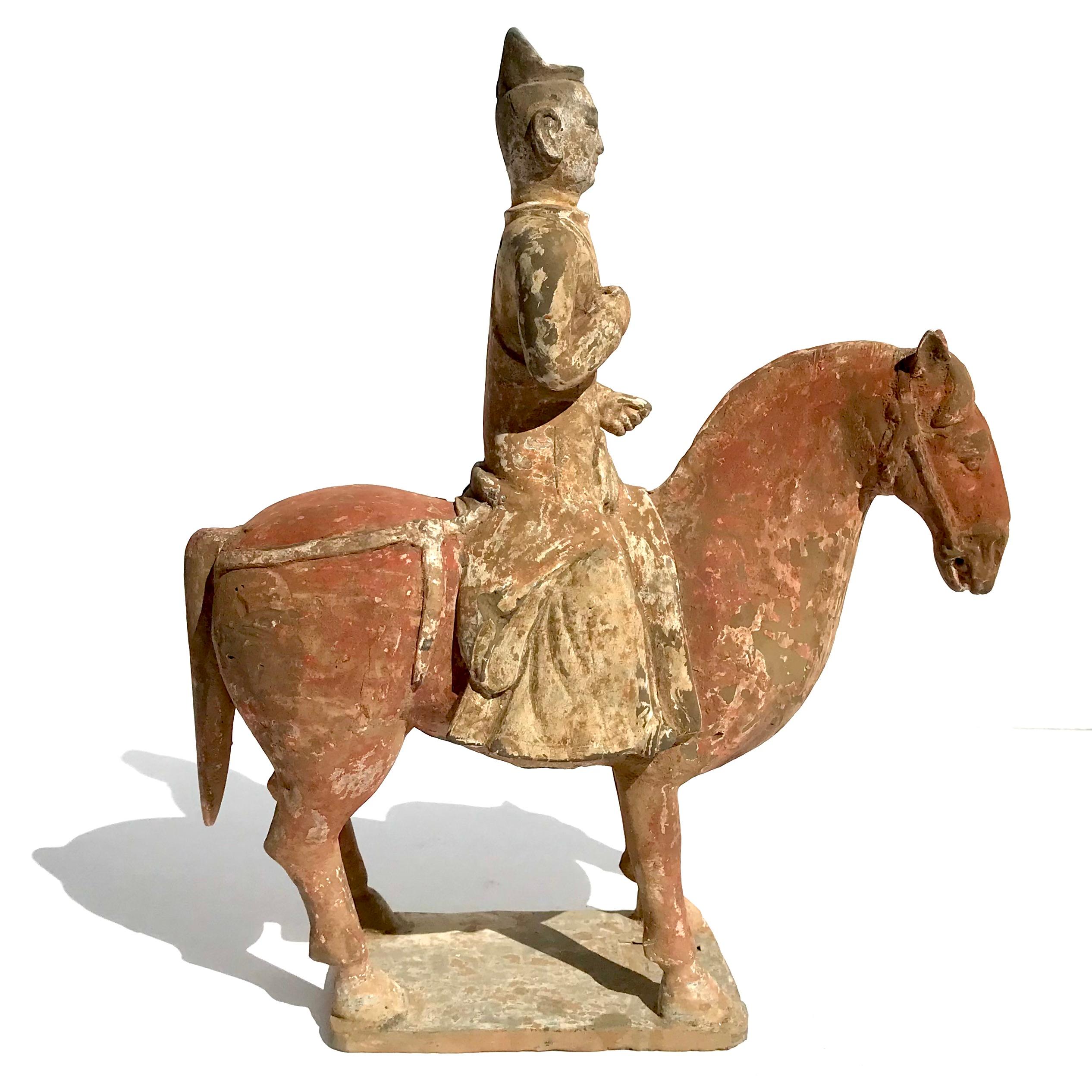 Chinese Northern Wei To Tang Dynasty Painted Pottery Horse And Rider For Sale