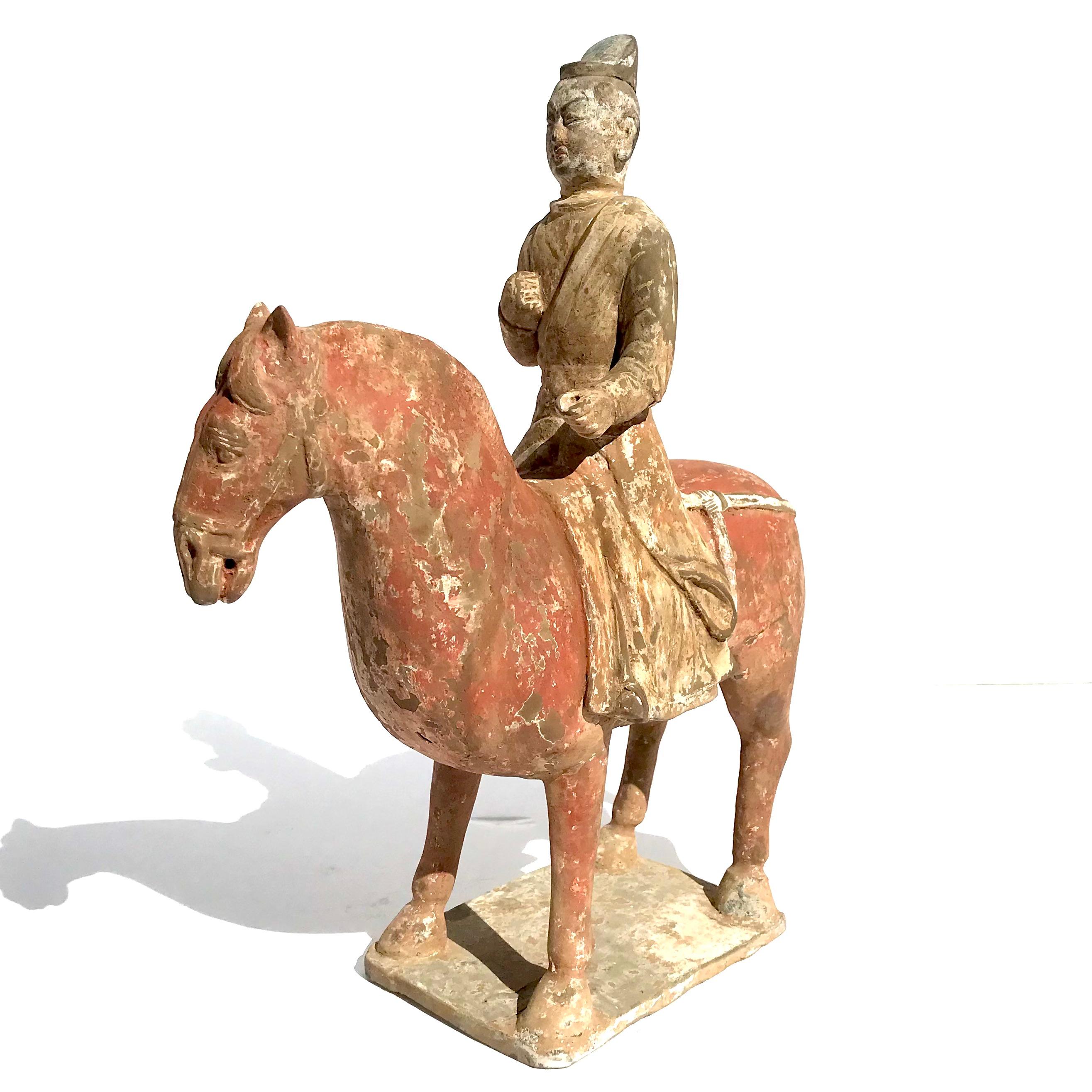 Northern Wei To Tang Dynasty Painted Pottery Horse And Rider In Good Condition For Sale In Dallas, TX
