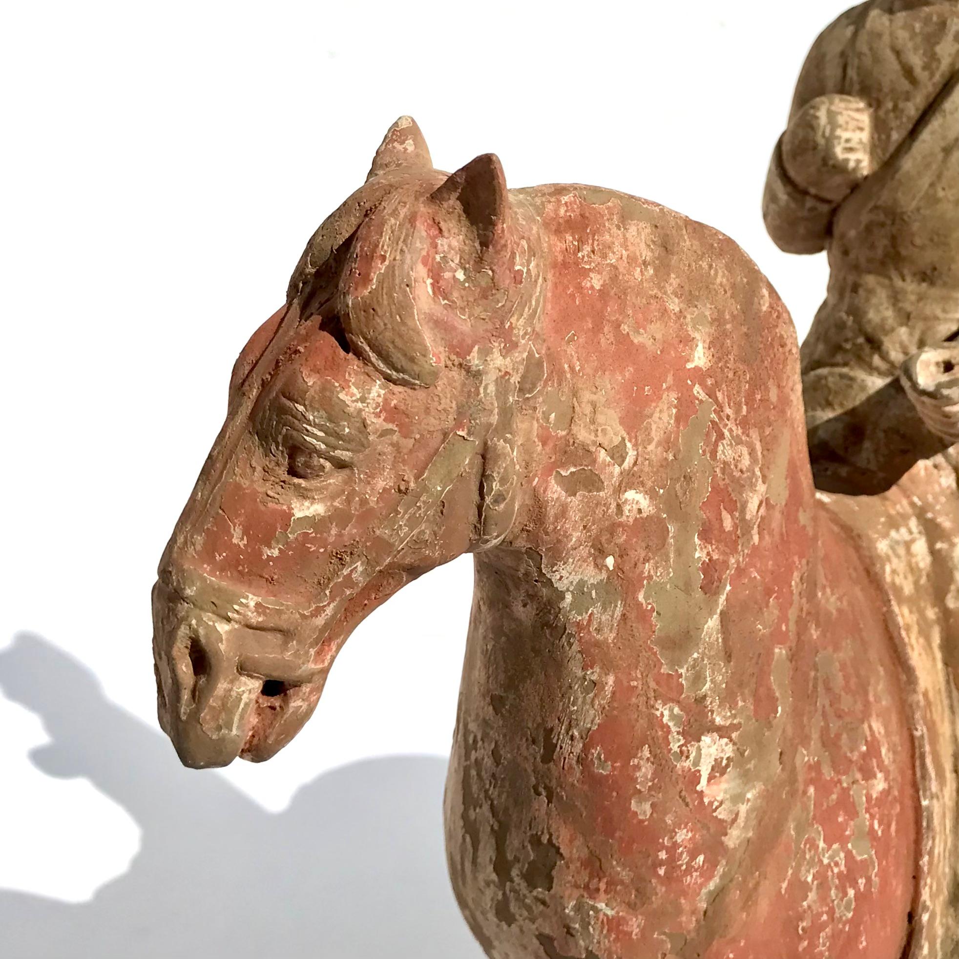 18th Century and Earlier Northern Wei To Tang Dynasty Painted Pottery Horse And Rider For Sale