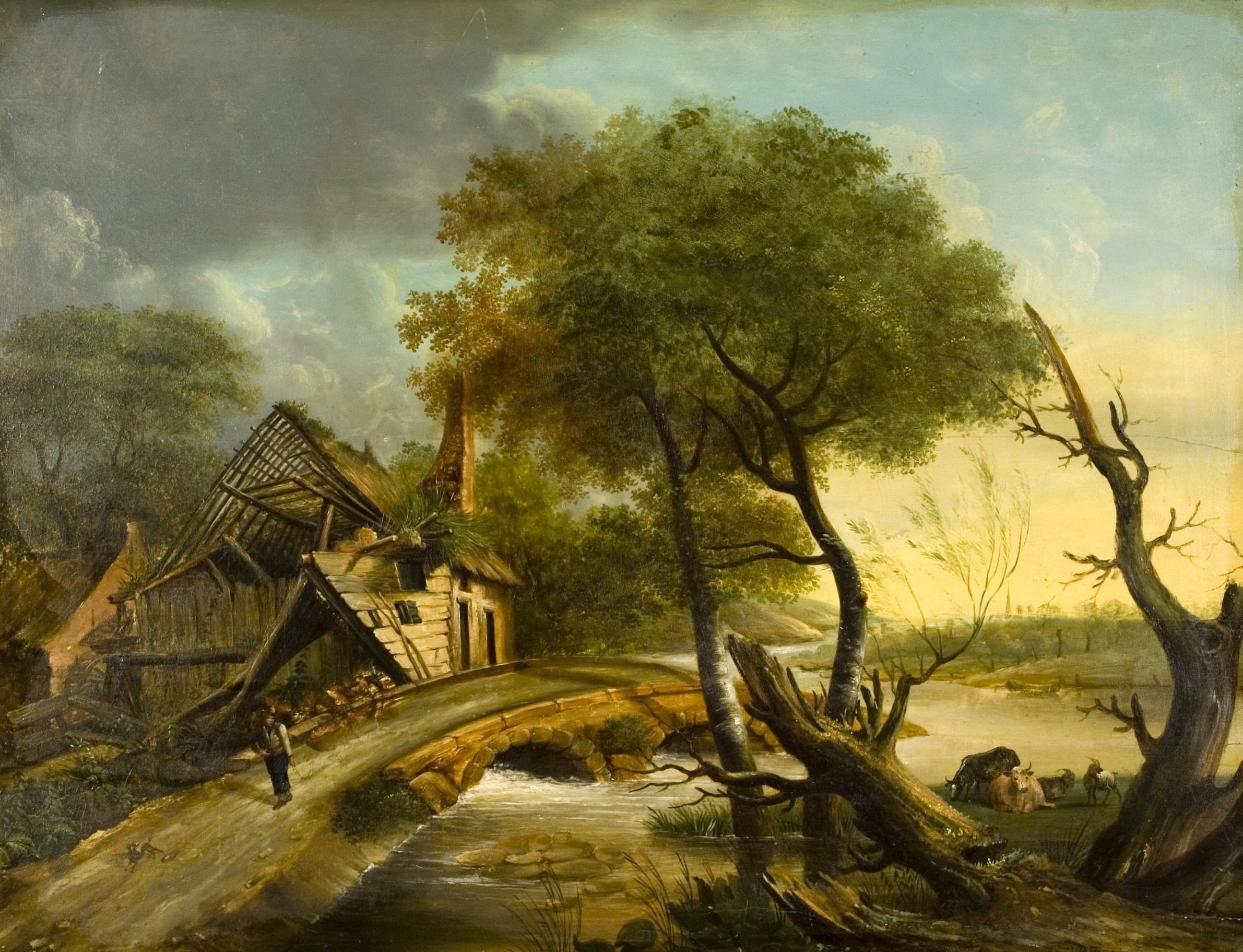 Oil on board.
Rural landscape with a watercourse, a stone bridge and a house in ruins, located among trees, animated by the presence of a person and without apparent subject matter that is inspired by Baroque works from Northern Europe. Given the