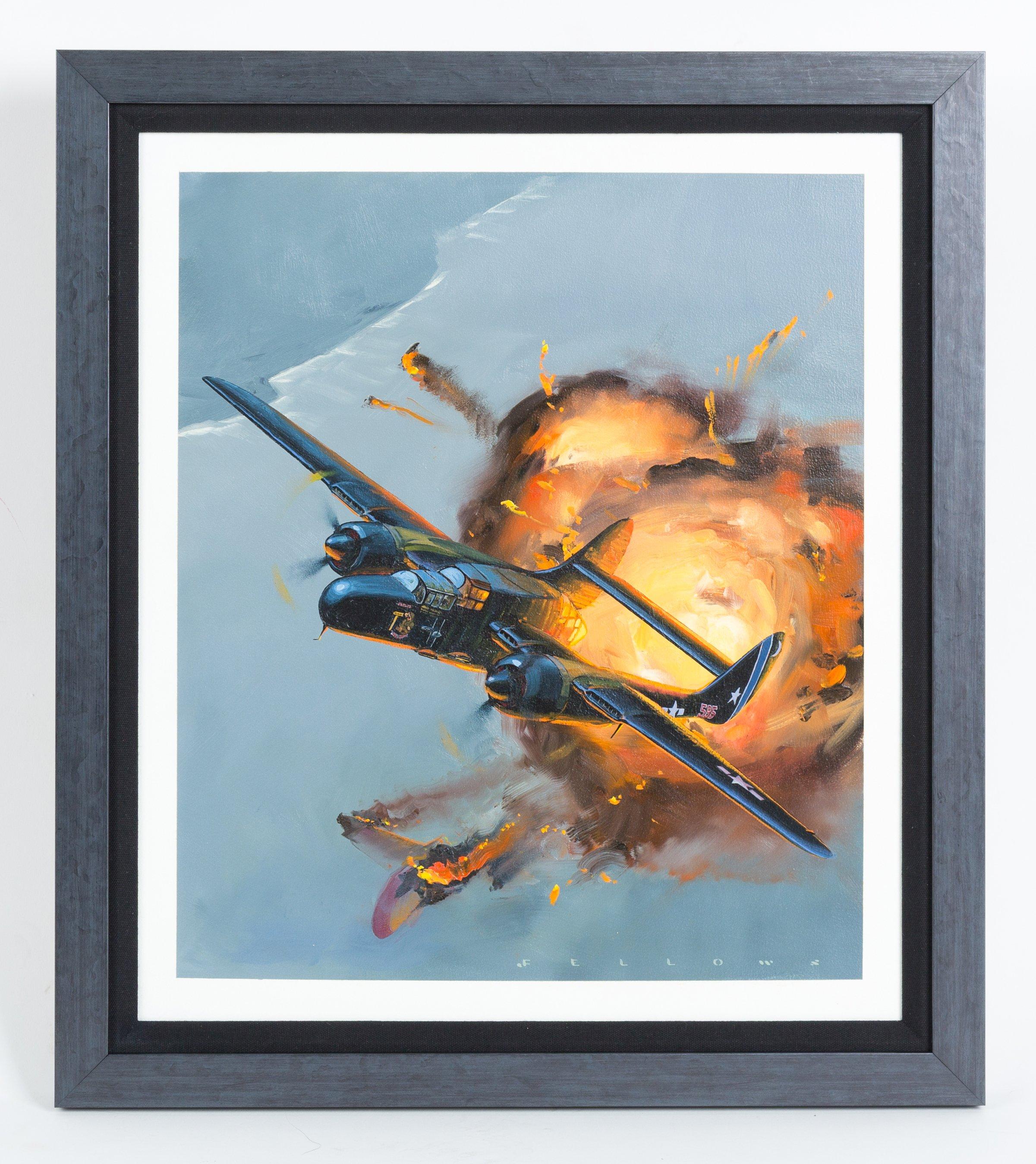 Presented is an original oil painting on Masonite (panel) titled Northrop P61-B Black Widows. The artist, Jack Fellows, signed the painting along the bottom. This painting was published on the Republic of the Marshall Islands 33 cent stamp issued on