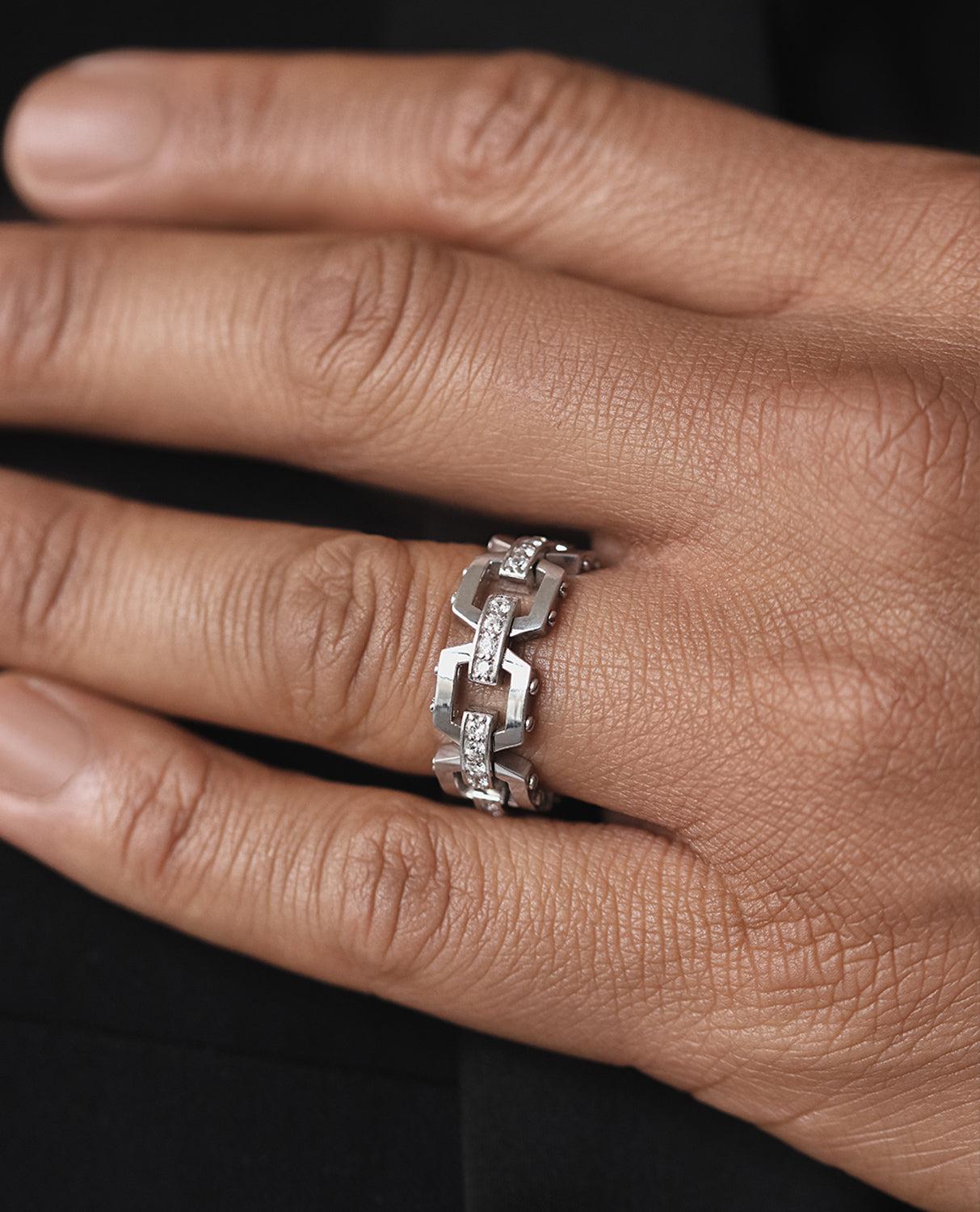 The grand design of this ring is a fusion of two different styles: contemporary classic and cutting-edge modern, all rendered in a gorgeous 0.60ct white diamond pave setting and metals with very fine attention to the detail. Ready to Ship rings are