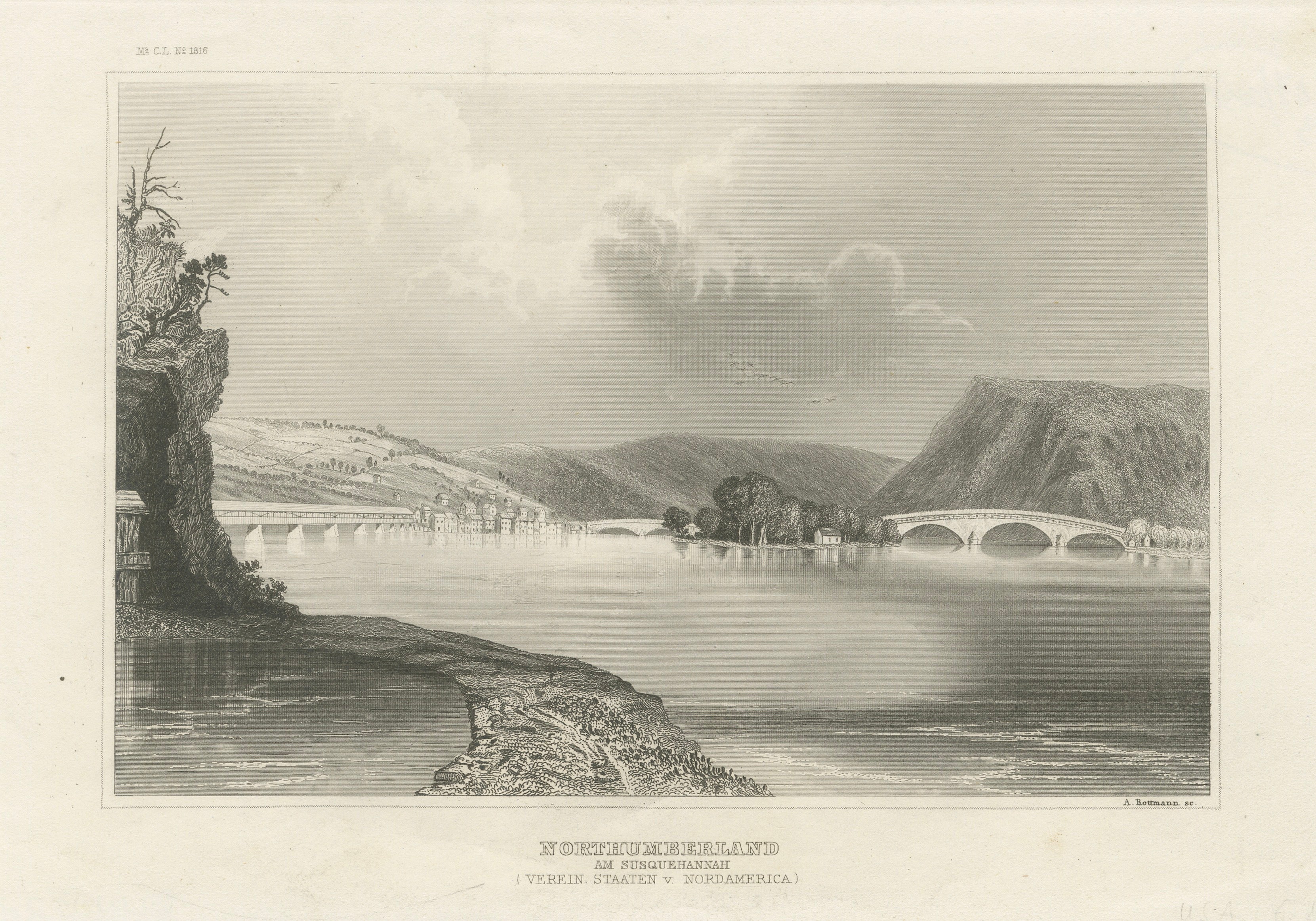 Northumberland Pennsylvania – Antique Susquehanna River Bridge Engraving, 1854