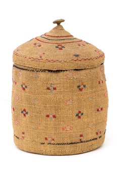 Northwest Coast 1900 Woven Basket with Top, Multicolor Cross Patterns, Table Top