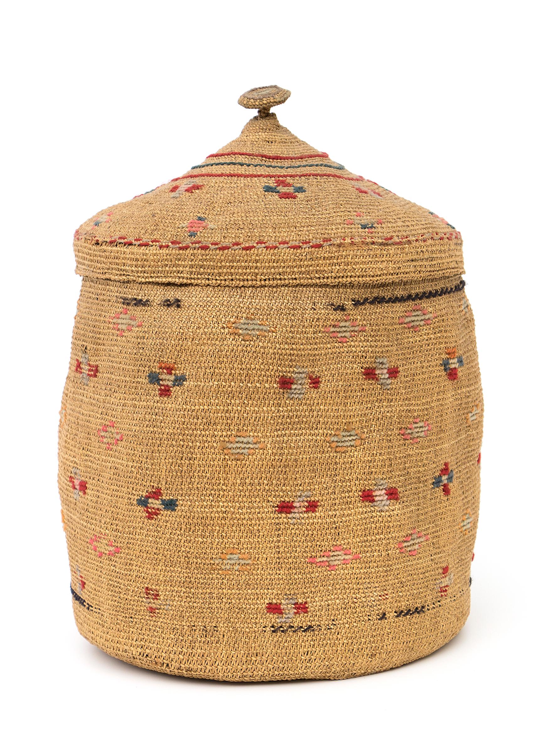 Native American Northwest Coast 1900 Woven Basket with Top, Multicolor Cross Patterns, Table Top For Sale