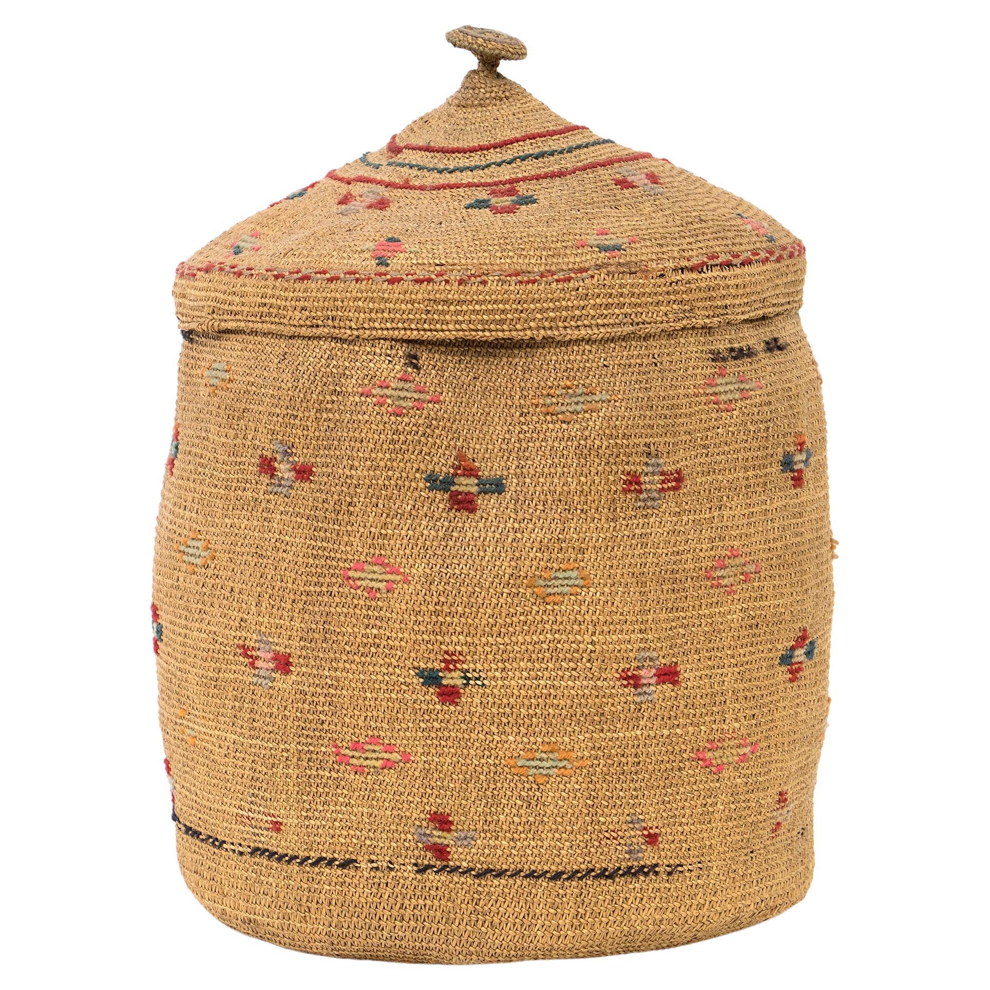 Northwest Coast 1900 Woven Basket with Top, Multicolor Cross Patterns, Table Top For Sale