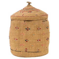 Northwest Coast 1900 Woven Basket with Top, Multicolor Cross Patterns, Table Top