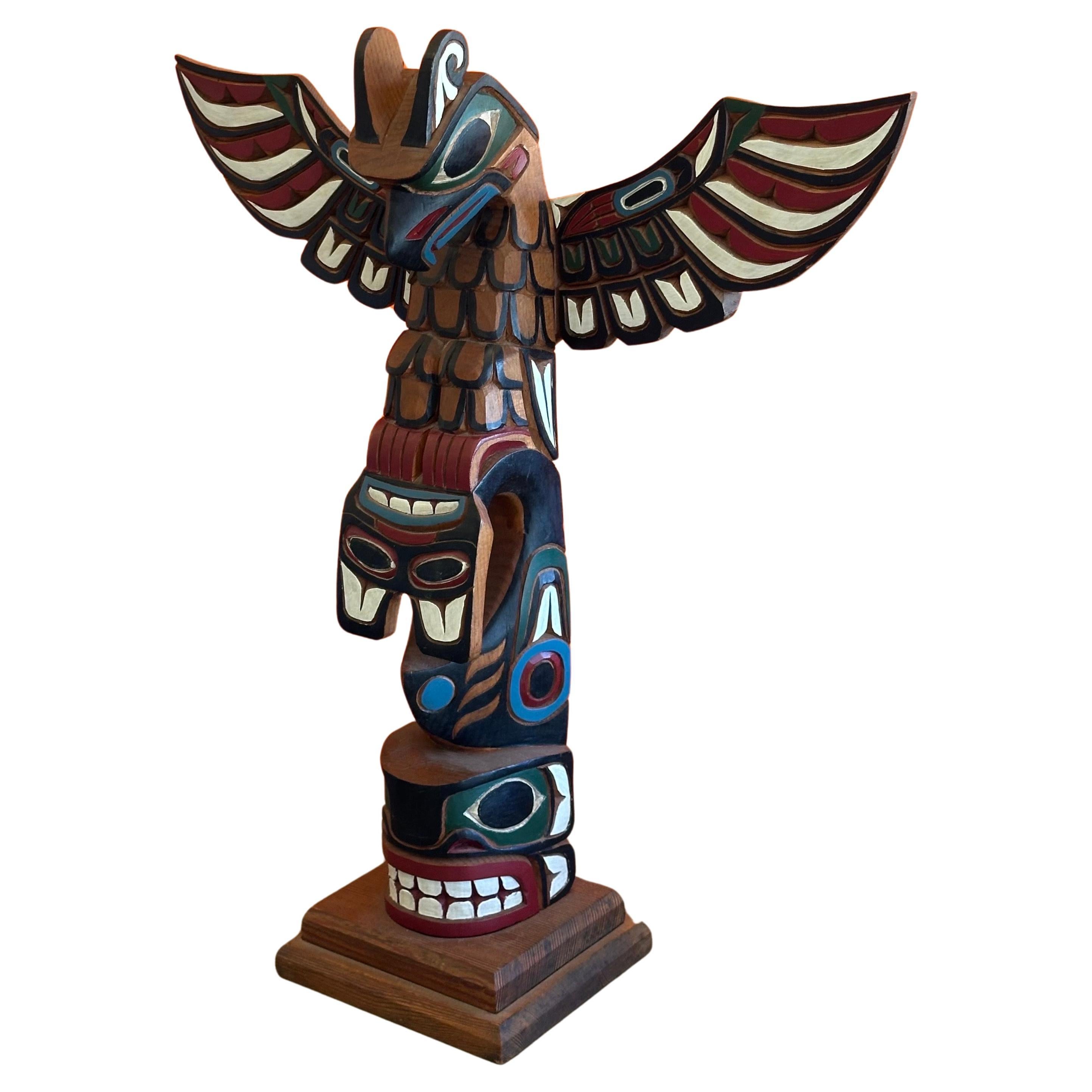 Canadian  Northwest Coast American Indian Hand Carved Wood Totem Pole by Gary Rice For Sale
