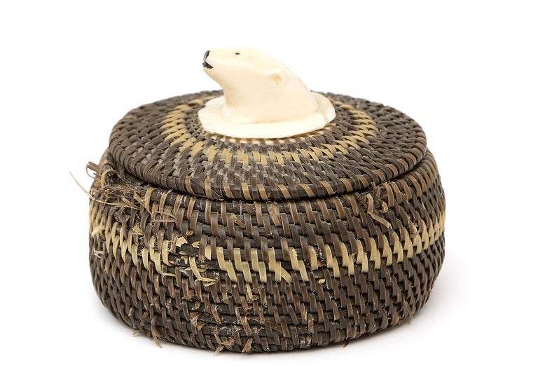 Northwest Coast Baleen Basket with Carved Polar Bear by Joe Sikvayugak