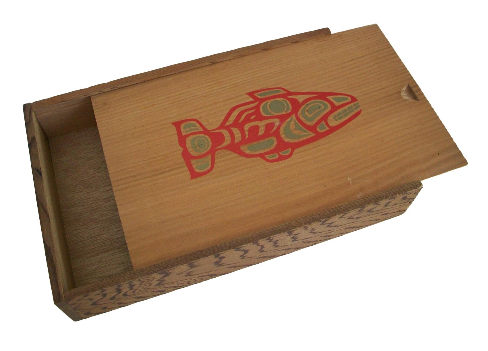 Folk Art Northwest Coast Haida Cedar Box with Whale Stencil, Canada, Late 20th Century