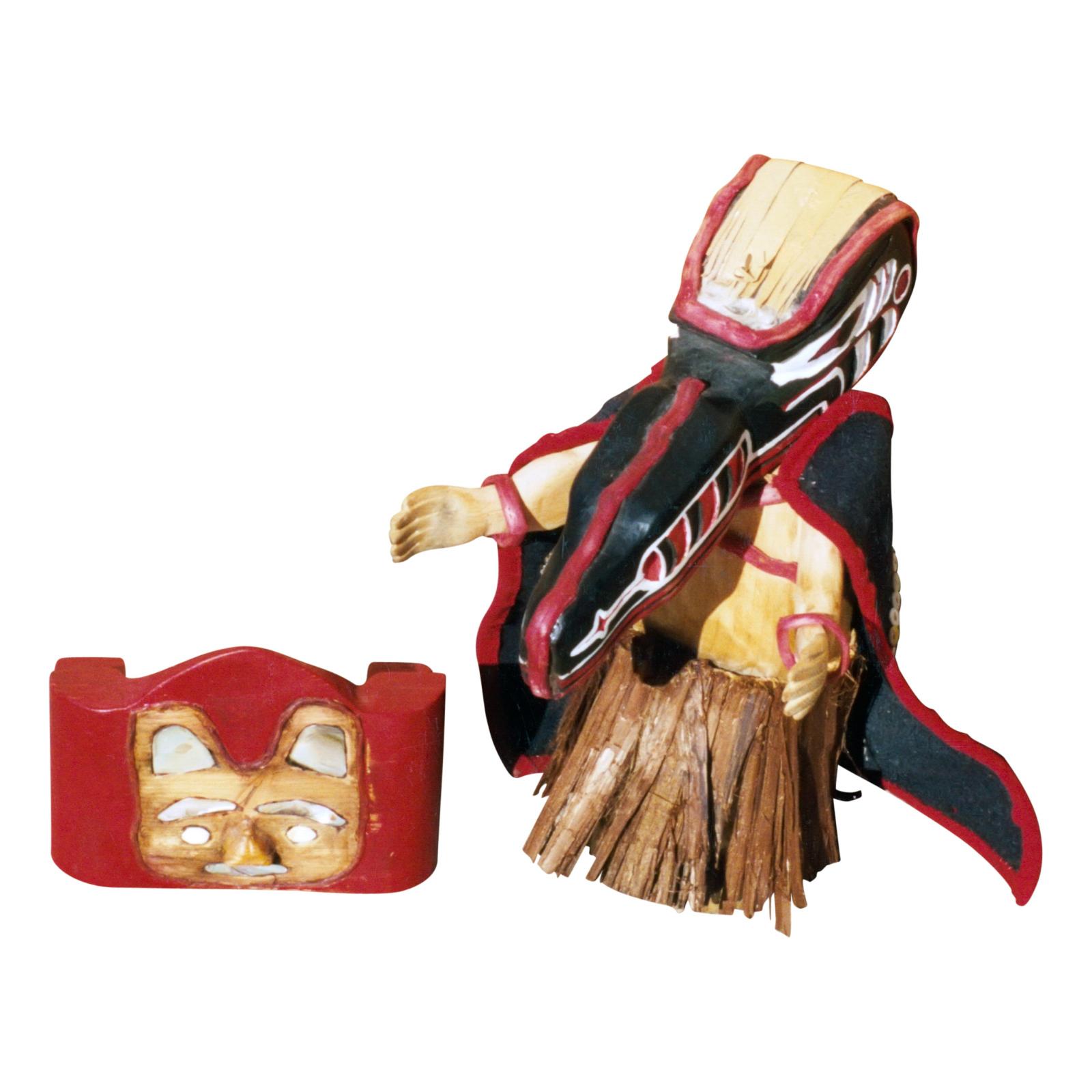 Native American Northwest Coast Wooden Doll with Thunderbird, Eagle Mask For Sale