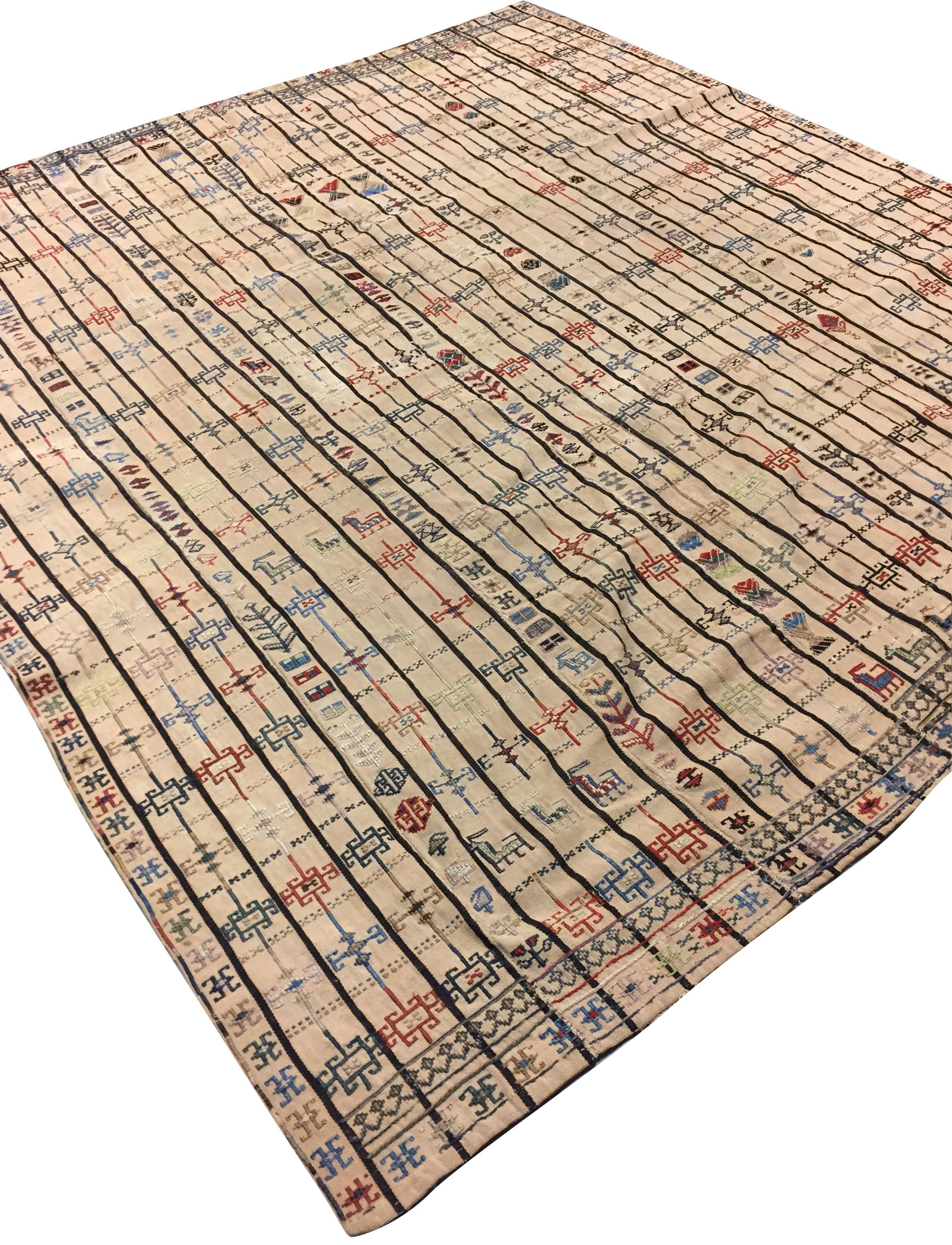 Northwest Persian Flatweave Jajim Cover  5'7 x 6'5. Weft float wool embroidery on a warp faced undyed cotton ground. This totally authentic nomadic tribal textile was made in seven strips sewn together. Originally a long band was woven on a narrow