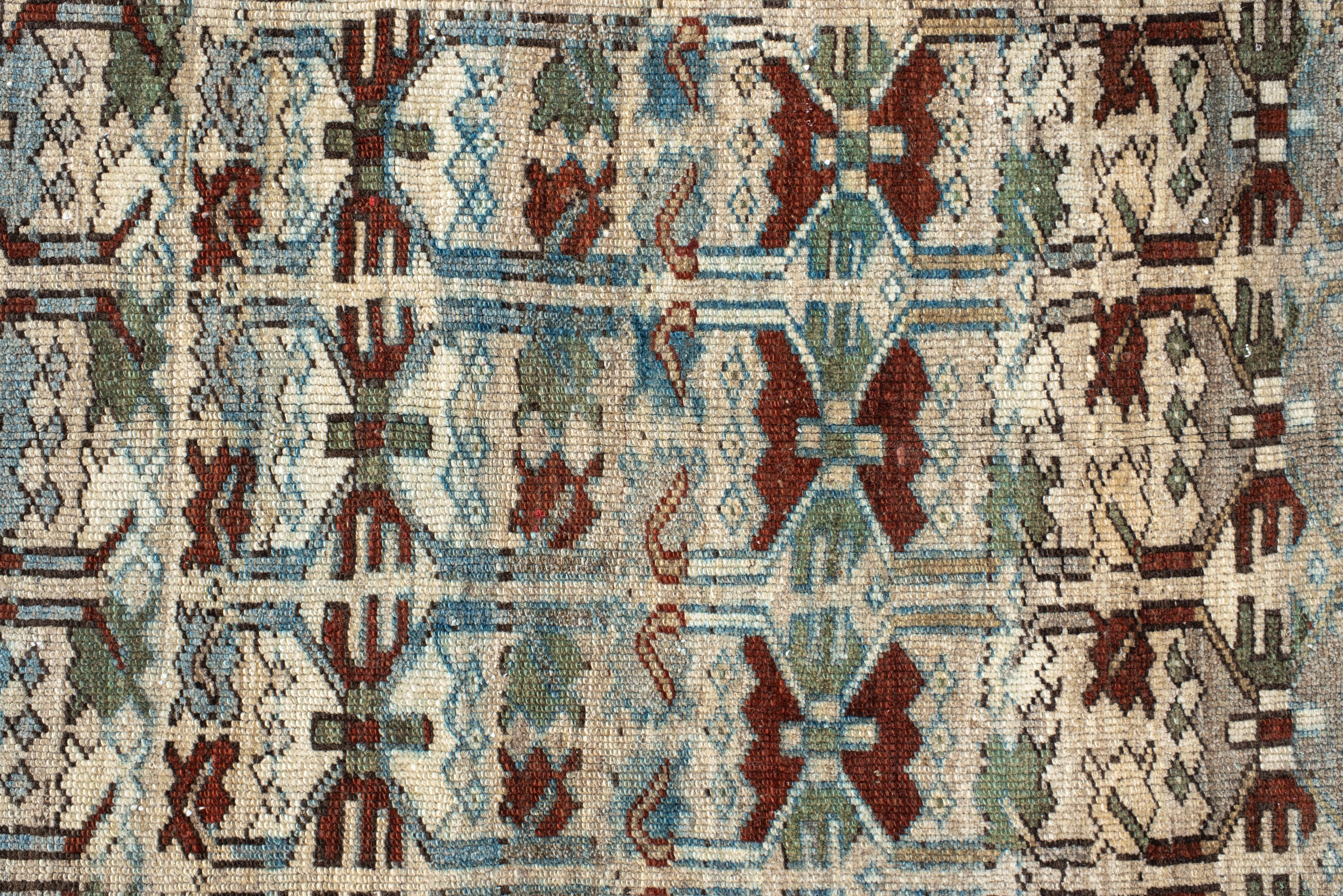 Wool Northwest Persian Rug Color-Block Lattice Pattern in Sky Blue and Brick For Sale