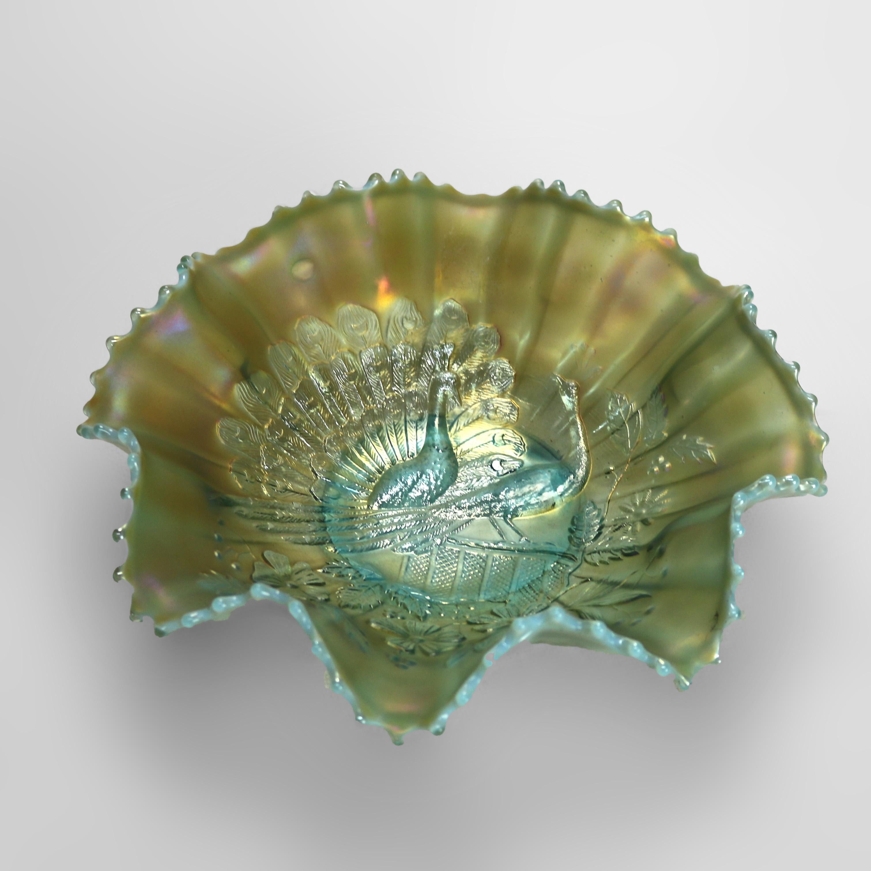 Antique Northwood Carnival Glass Opalescent Ice Blue Ruffled Dish with Peacocks at the Fountain Pattern, C1920.
Measures - 2.5