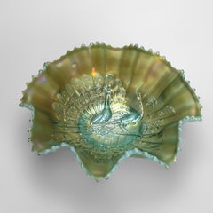 Northwood Opalescent Ice Blue Carnival Glass Peacocks at the Fountain Dish c1920