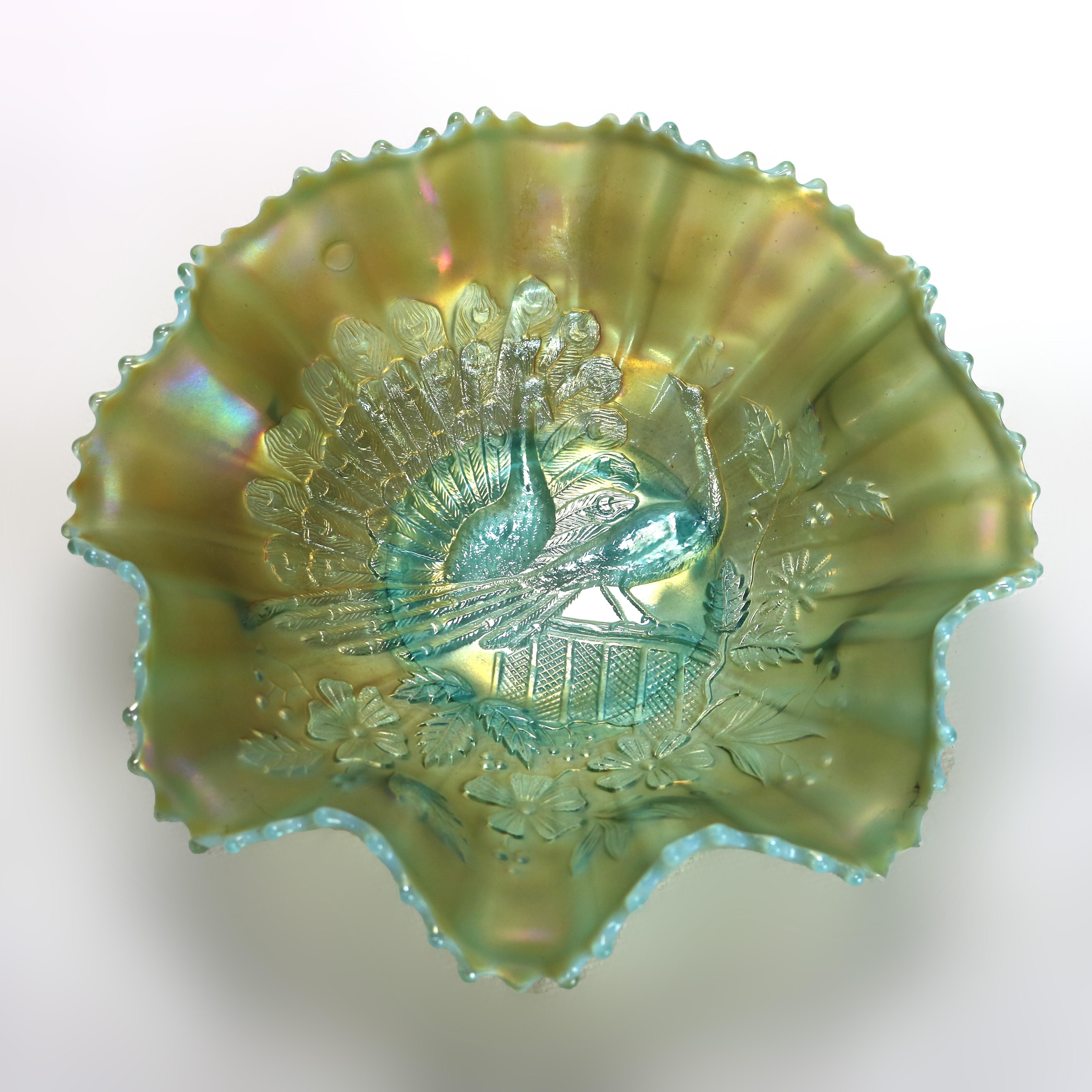 Northwood Opalescent Ice Blue Carnival Glass Peacocks at the Fountain Dish c1920 In Good Condition In Big Flats, NY