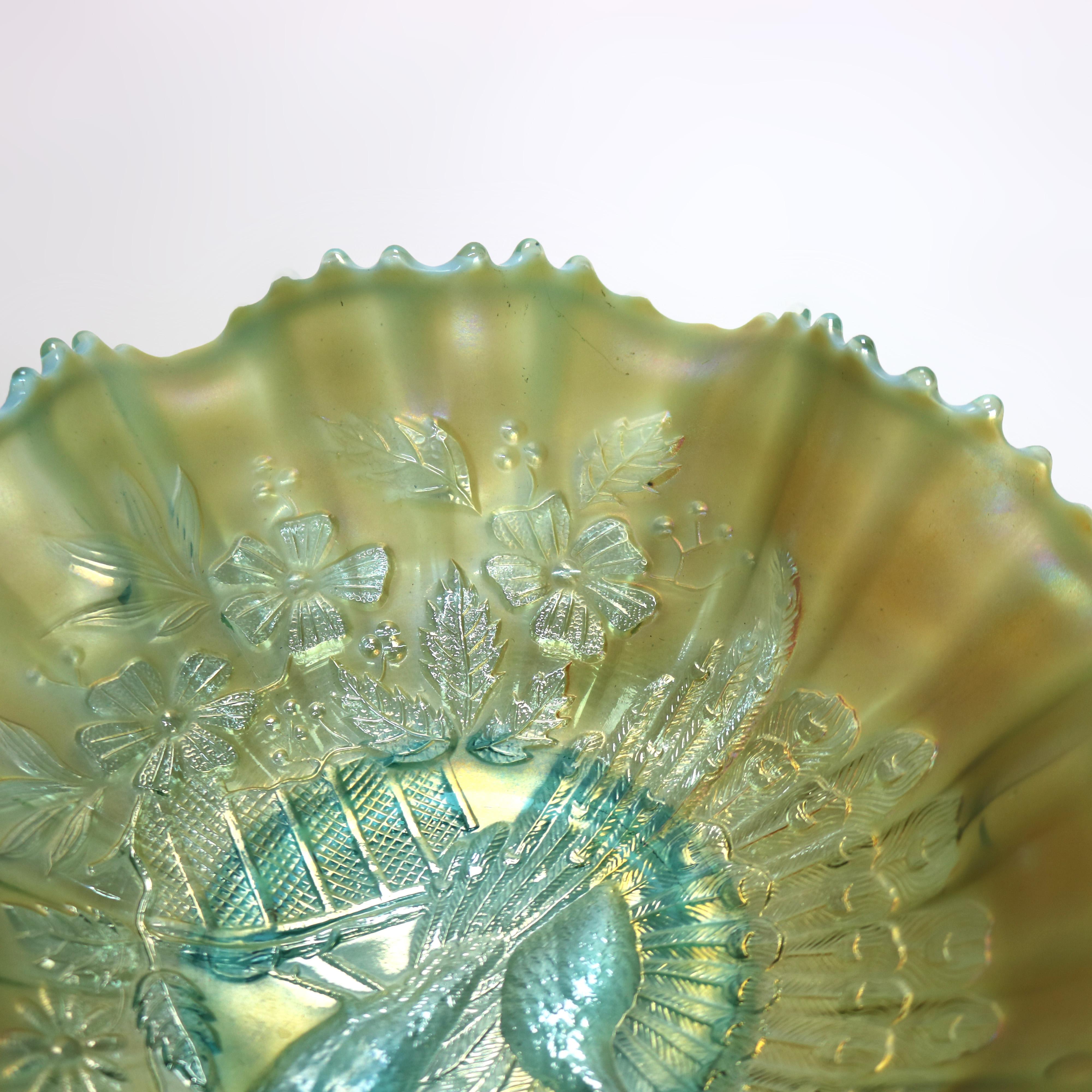 Art Glass Northwood Opalescent Ice Blue Carnival Glass Peacocks at the Fountain Dish c1920