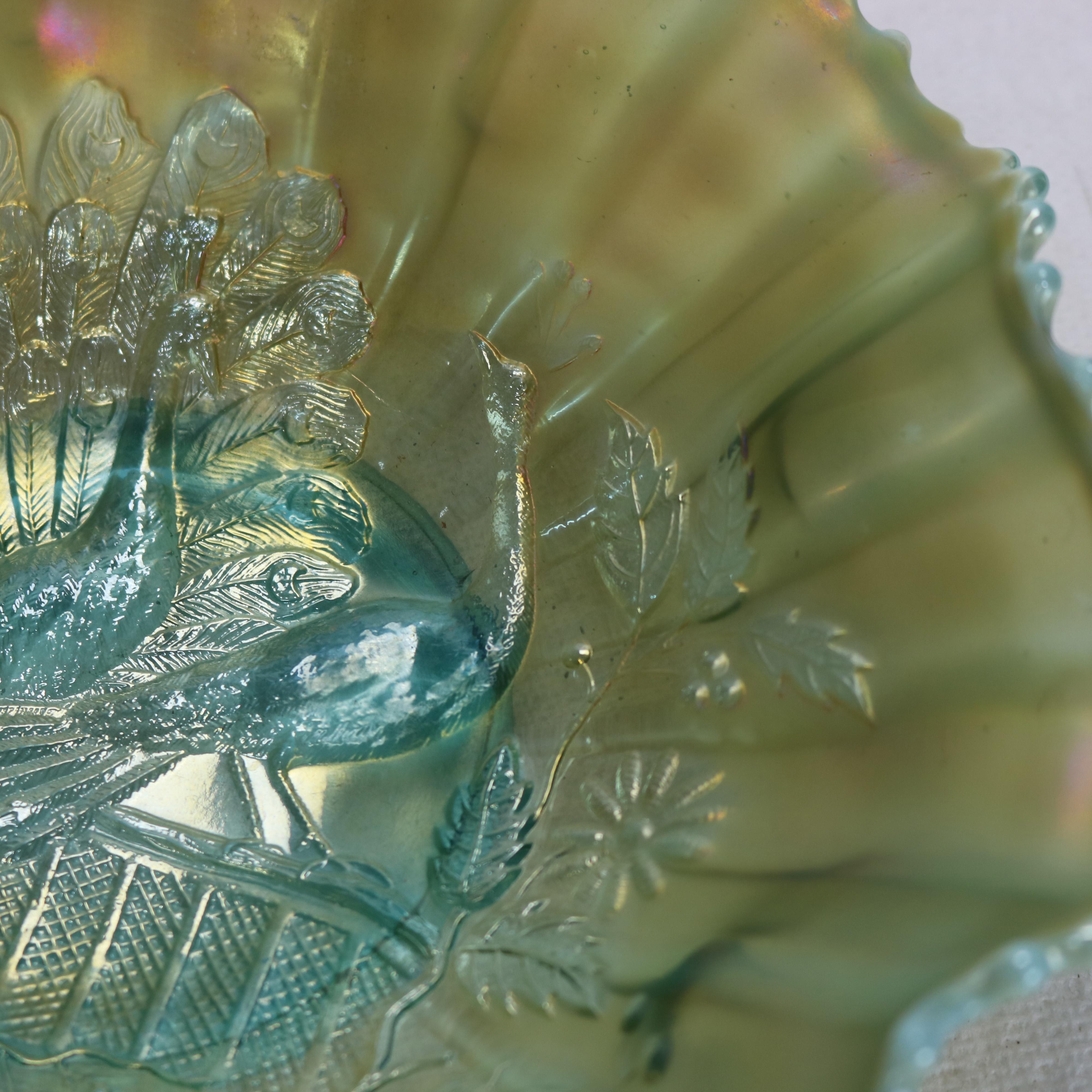 Northwood Opalescent Ice Blue Carnival Glass Peacocks at the Fountain Dish c1920 1