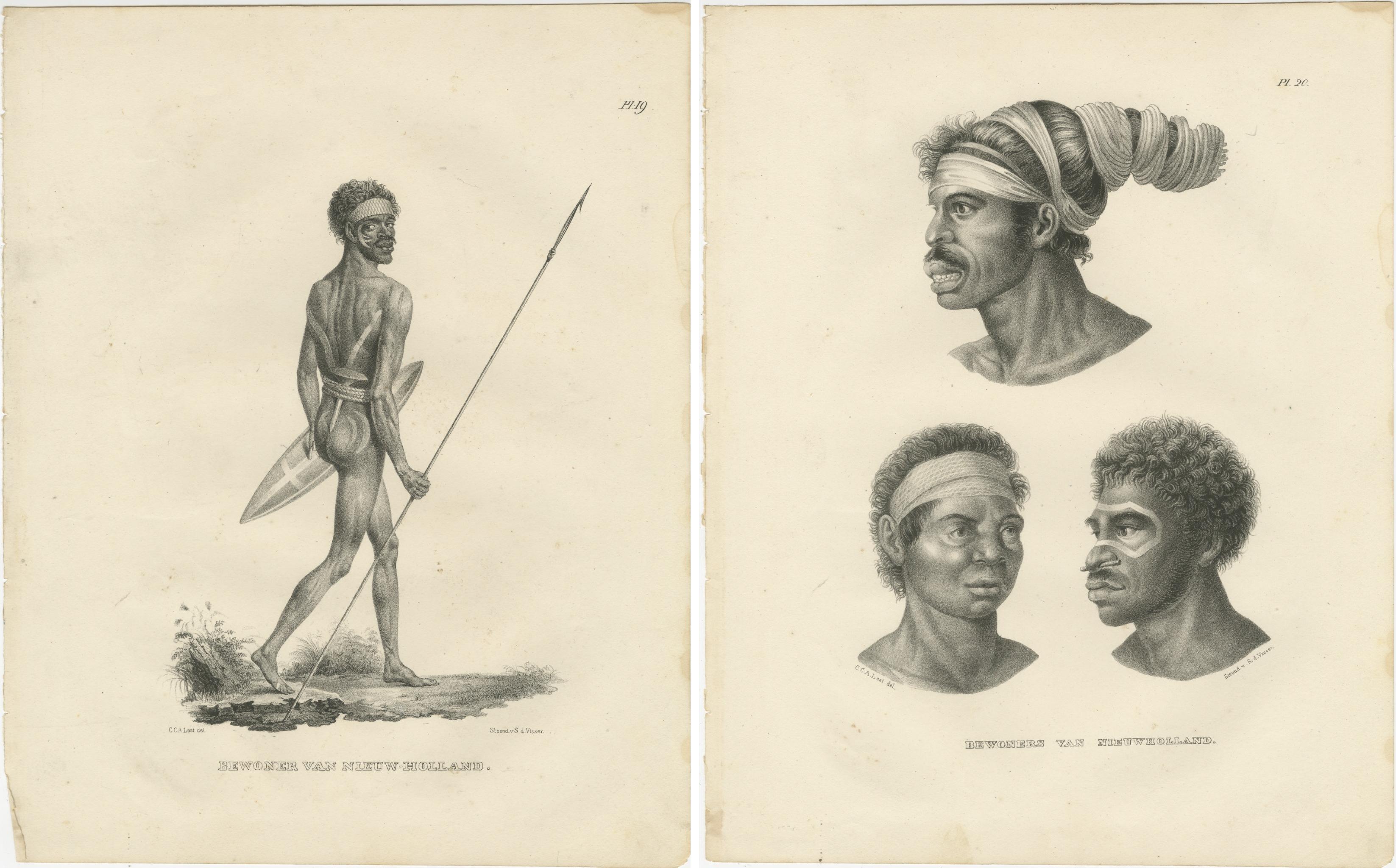 Ces deux lithographies font partie d'une série représentant des Aborigènes d'Australie, dessinés à l'origine par l'artiste Nicolas-Martin Petit lors des expéditions de l'explorateur français Nicolas Baudin, puis adaptés par Carel Christiaan Antony
