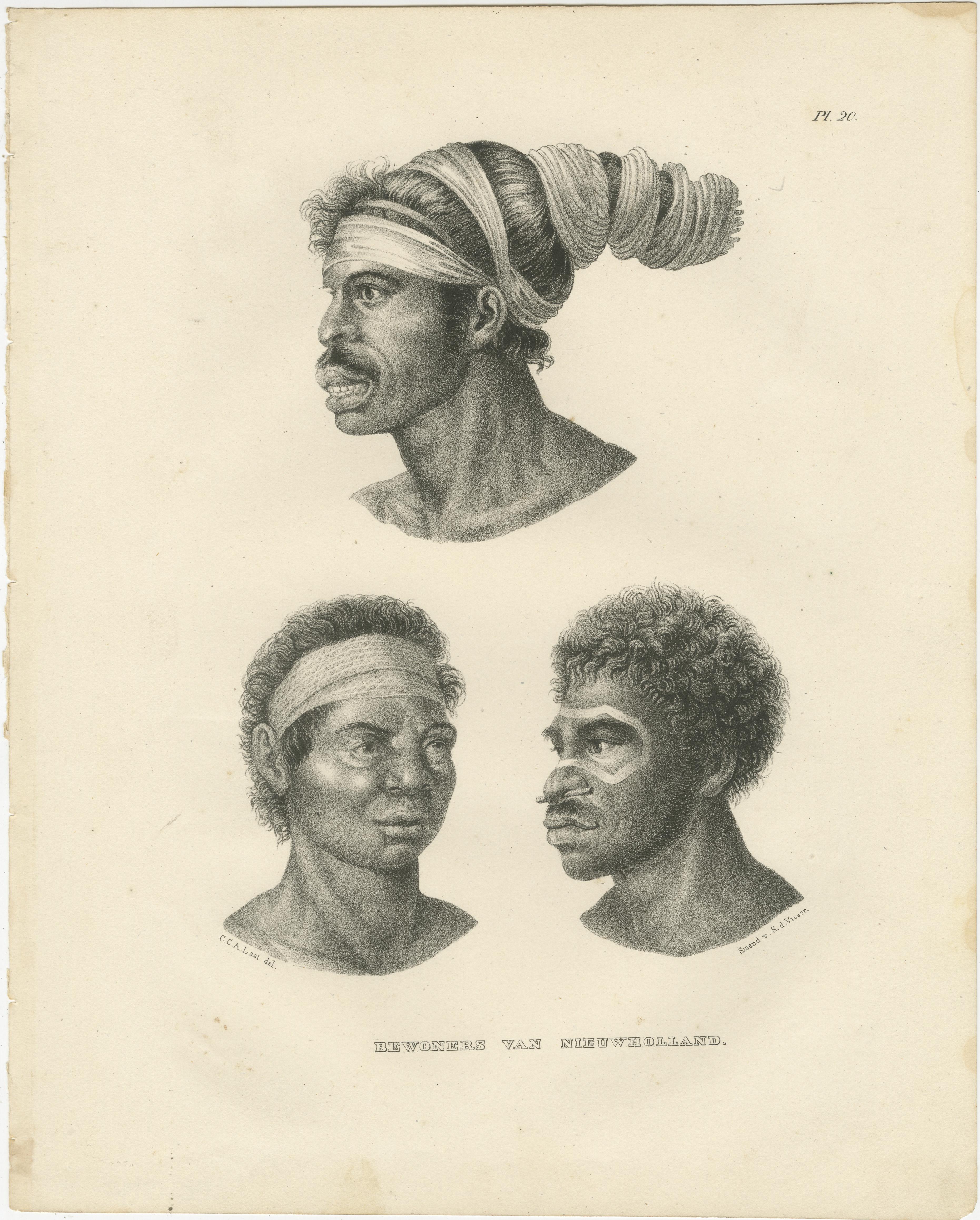 Lithographies de Noru Gal Derri et Aborigines australiennes, par Last, 1836, Nieuw- Holland Bon état - En vente à Langweer, NL