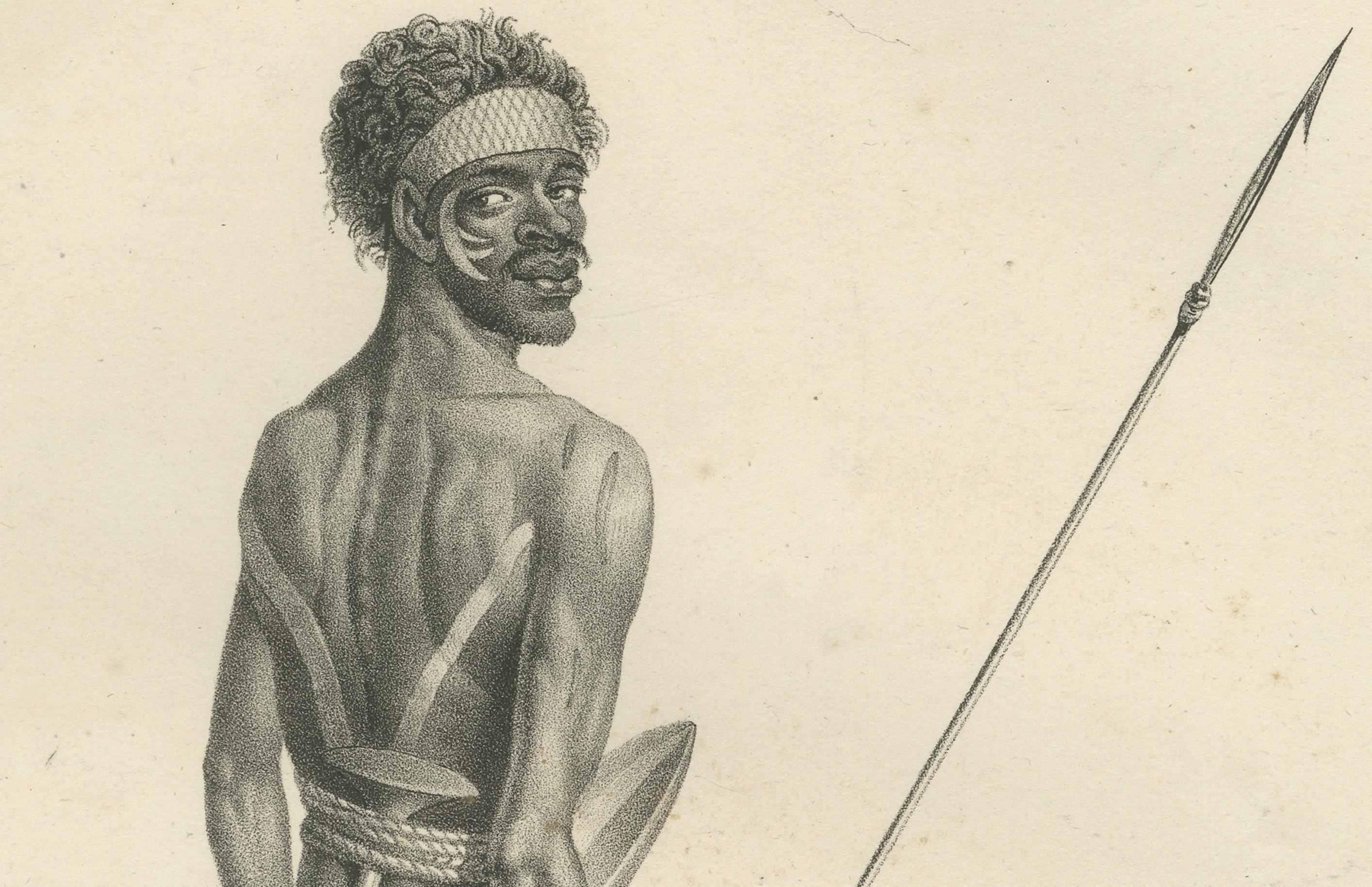 Milieu du XIXe siècle Lithographies de Noru Gal Derri et Aborigines australiennes, par Last, 1836, Nieuw- Holland en vente
