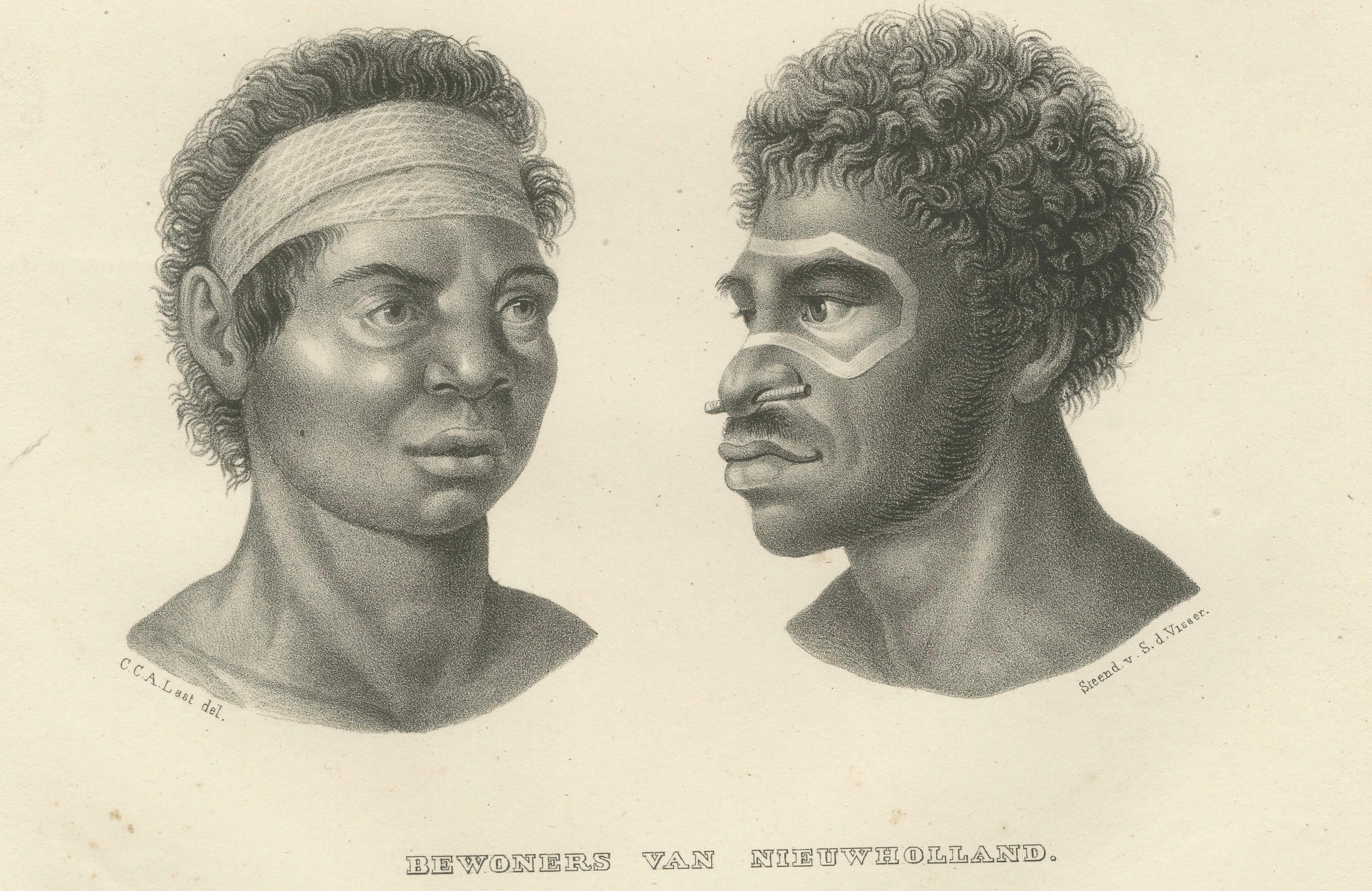 Lithographies de Noru Gal Derri et Aborigines australiennes, par Last, 1836, Nieuw- Holland en vente 2